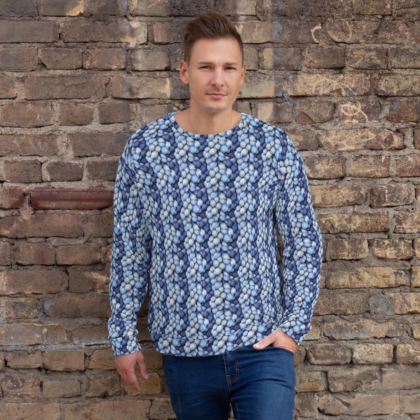 Men's Cozy Blue Pattern Knitted Sweatshirt - Stylish & Comfy Cotton Feel for All Occasions