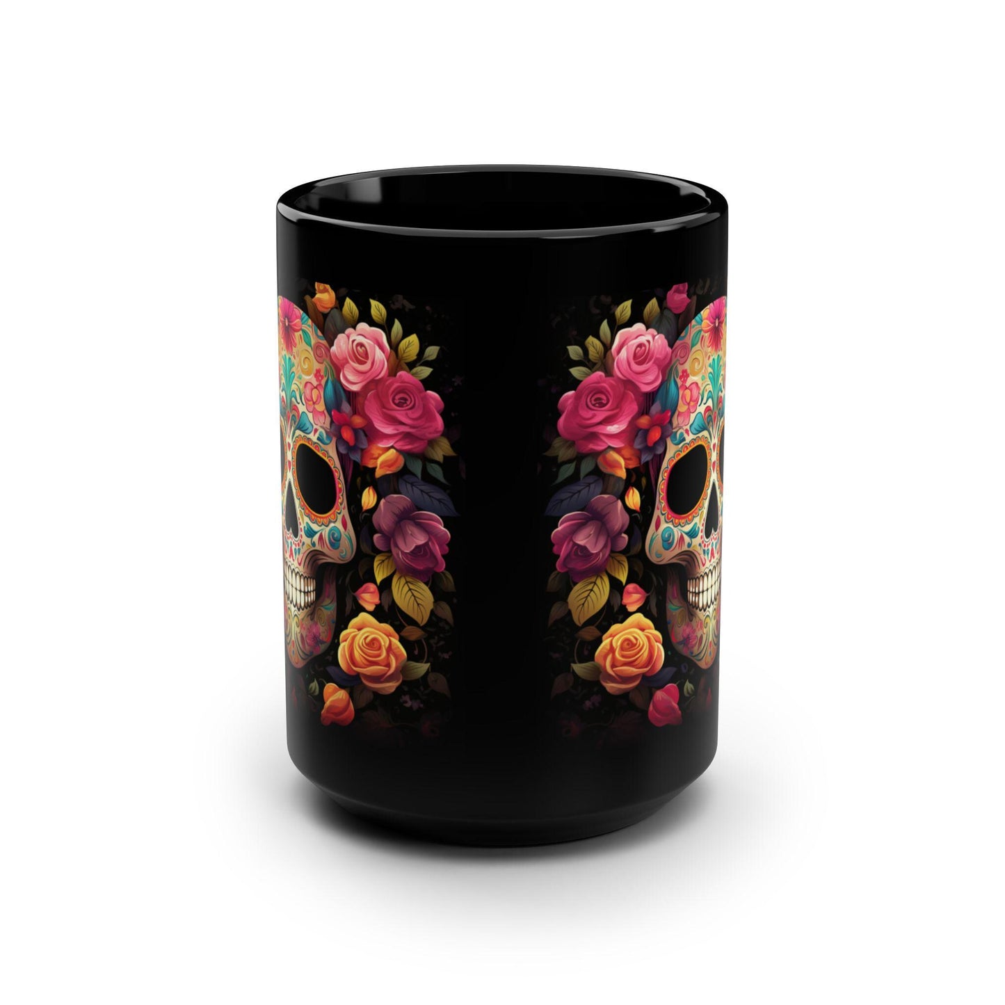 Black Mug, 15oz, Day of The Dead, Dia de Los Muertos, Halloween Mug, Dark Mug, Large Coffee Mug, Festive Mug, Holiday Mug