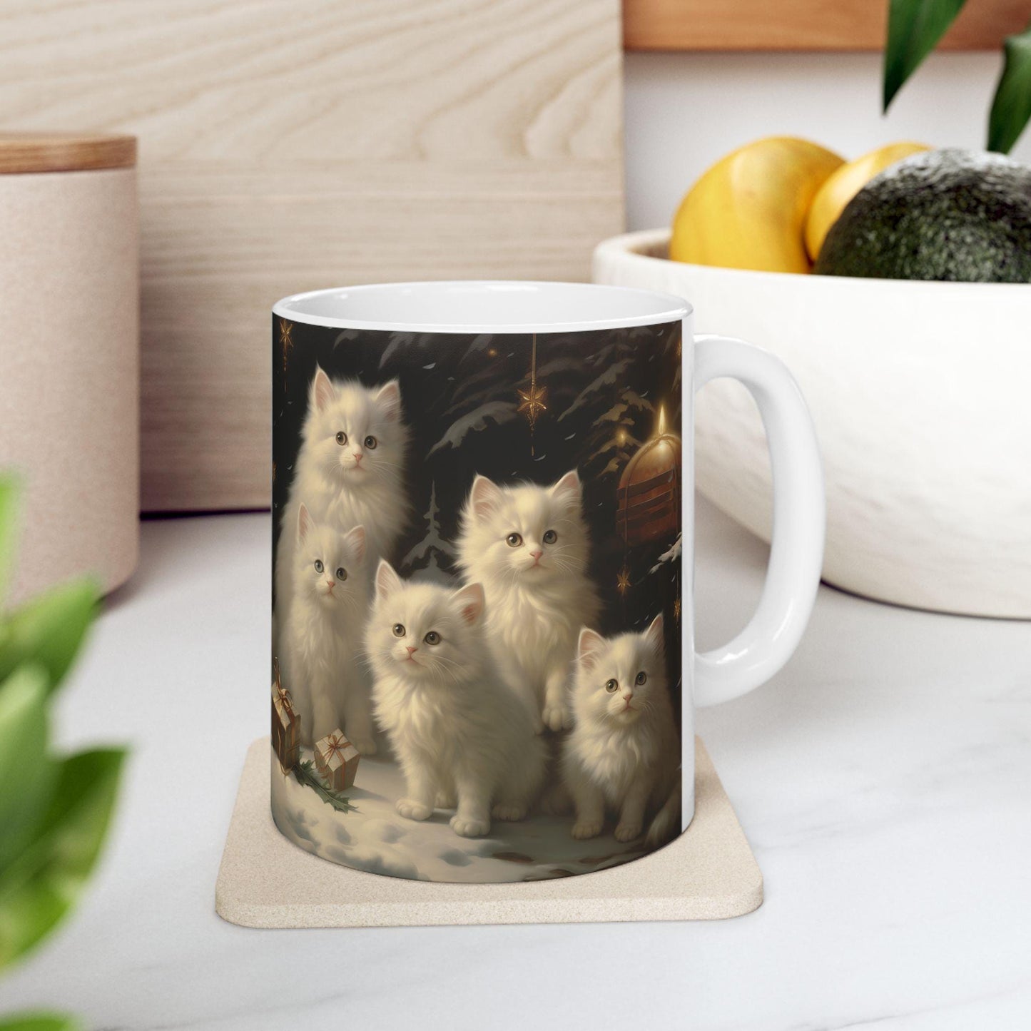 Charming 11oz Ceramic Christmas Mug for Cat Lovers - White Cats Holiday Gift - Perfect for Hot Cocoa & Tea