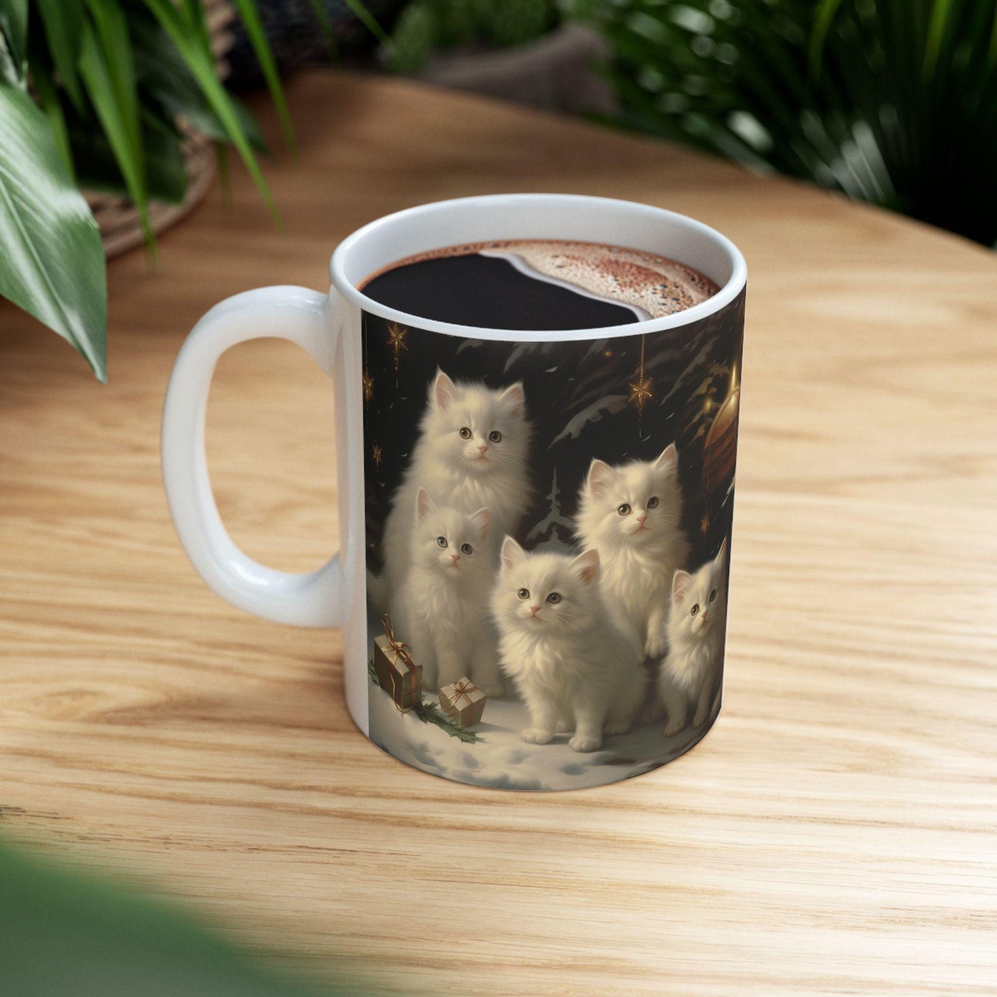Charming 11oz Ceramic Christmas Mug for Cat Lovers - White Cats Holiday Gift - Perfect for Hot Cocoa & Tea