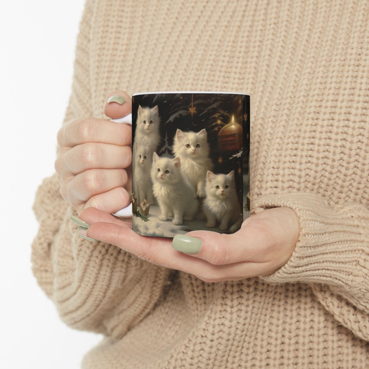 Charming 11oz Ceramic Christmas Mug for Cat Lovers - White Cats Holiday Gift - Perfect for Hot Cocoa & Tea
