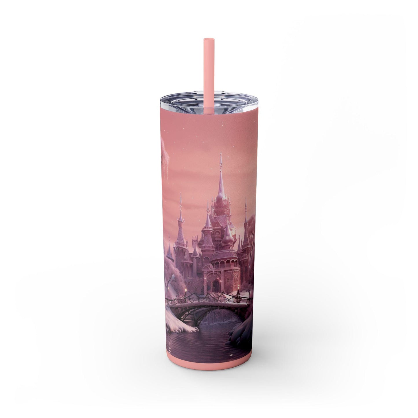 Pink Holiday Skinny Tumbler with Straw, 20oz - Pretty Pink Xmas Christmas Novelty, Female Gift