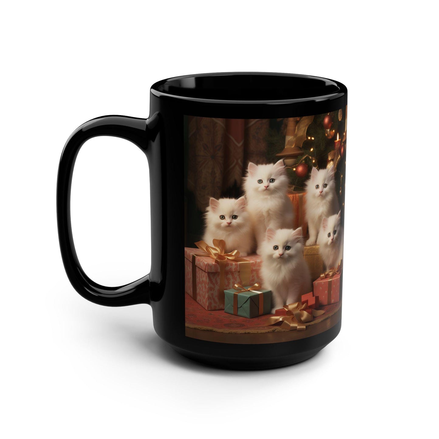 Black Mug, 15oz, Christmas kittens, Kitty Design, Coffee Mug, Tea Cup, Kitchen Decor, Gift for Grandma, Xmas Gift, Stocking Stuffer