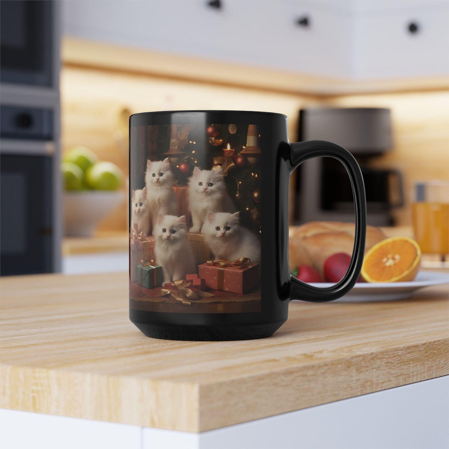Black Mug, 15oz, Christmas kittens, Kitty Design, Coffee Mug, Tea Cup, Kitchen Decor, Gift for Grandma, Xmas Gift, Stocking Stuffer