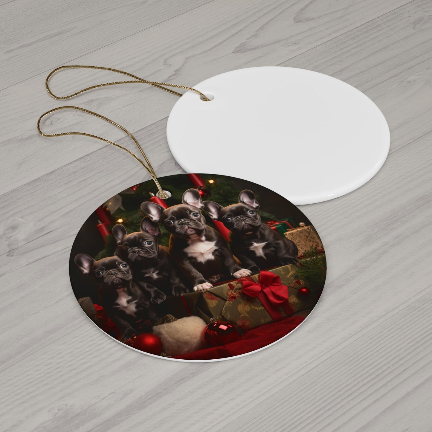 Ceramic Holiday Ornament, Frenchie dogs, Xmas ornaments, Designer ornaments, Dog Lover Ornaments, Xmas tree Decor