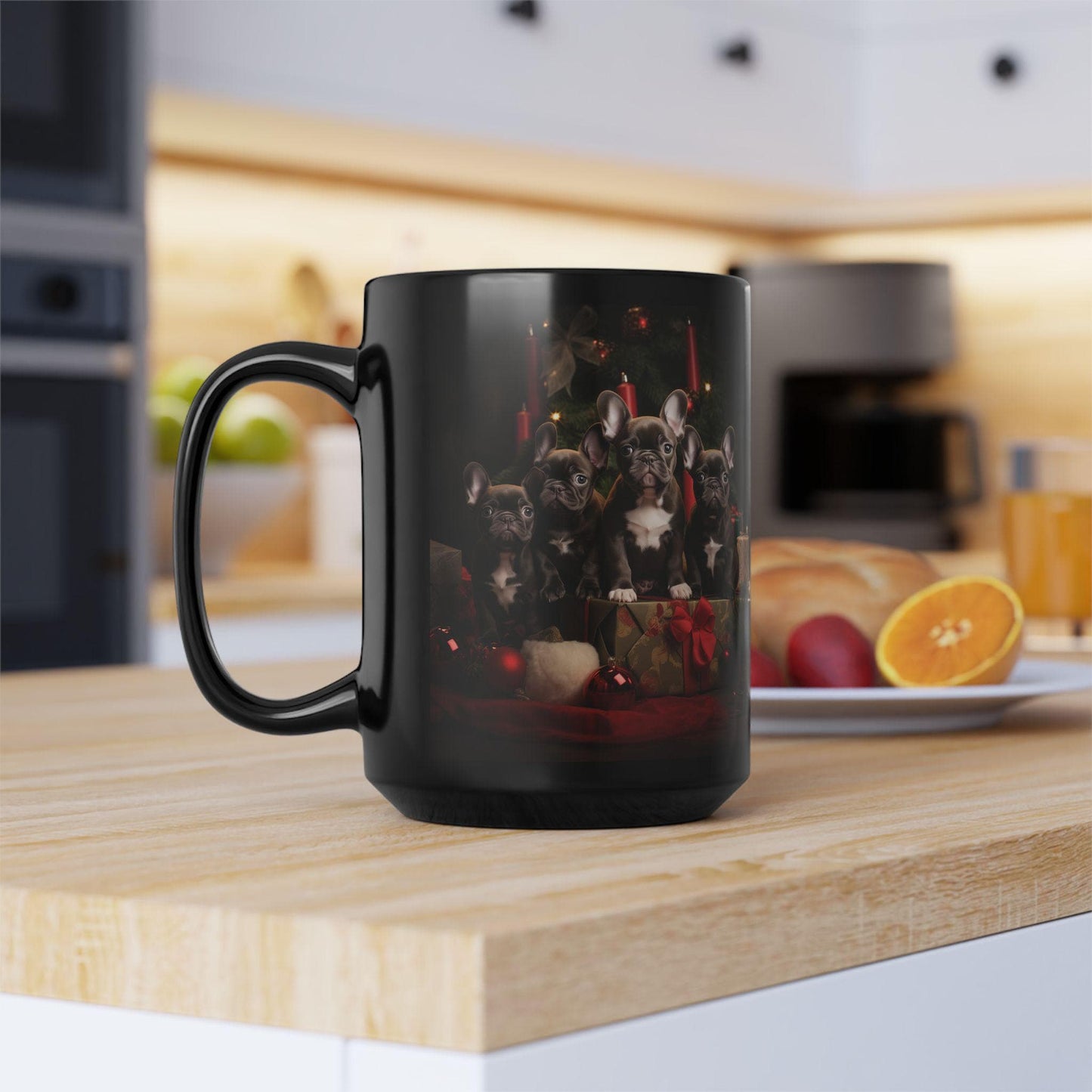 Holiday Frenchie Dog 15oz Black Mug - Pet Lovers Christmas Gift, Coffee Tea Cup for Doctors and Vet Office, Holiday Dogs Mug