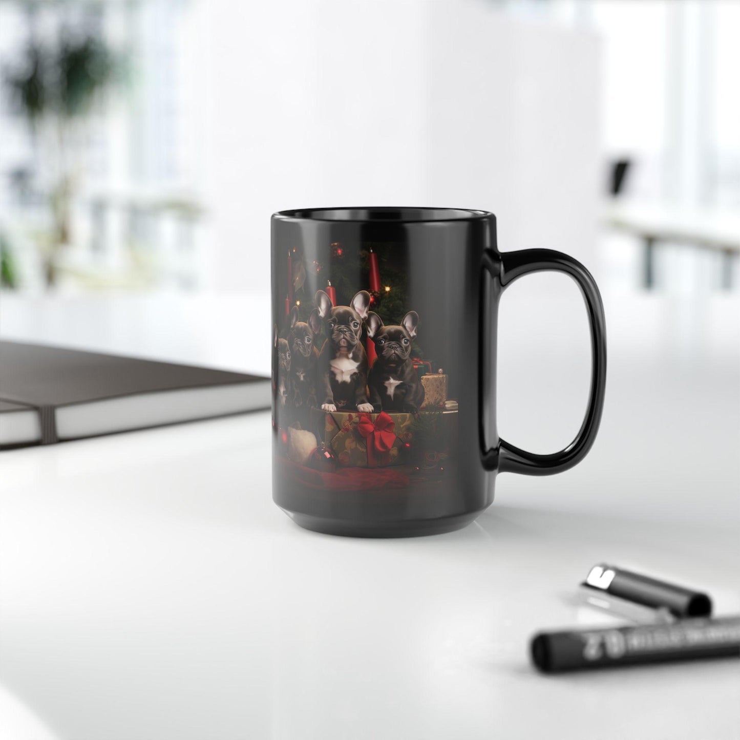 Holiday Frenchie Dog 15oz Black Mug - Pet Lovers Christmas Gift, Coffee Tea Cup for Doctors and Vet Office, Holiday Dogs Mug