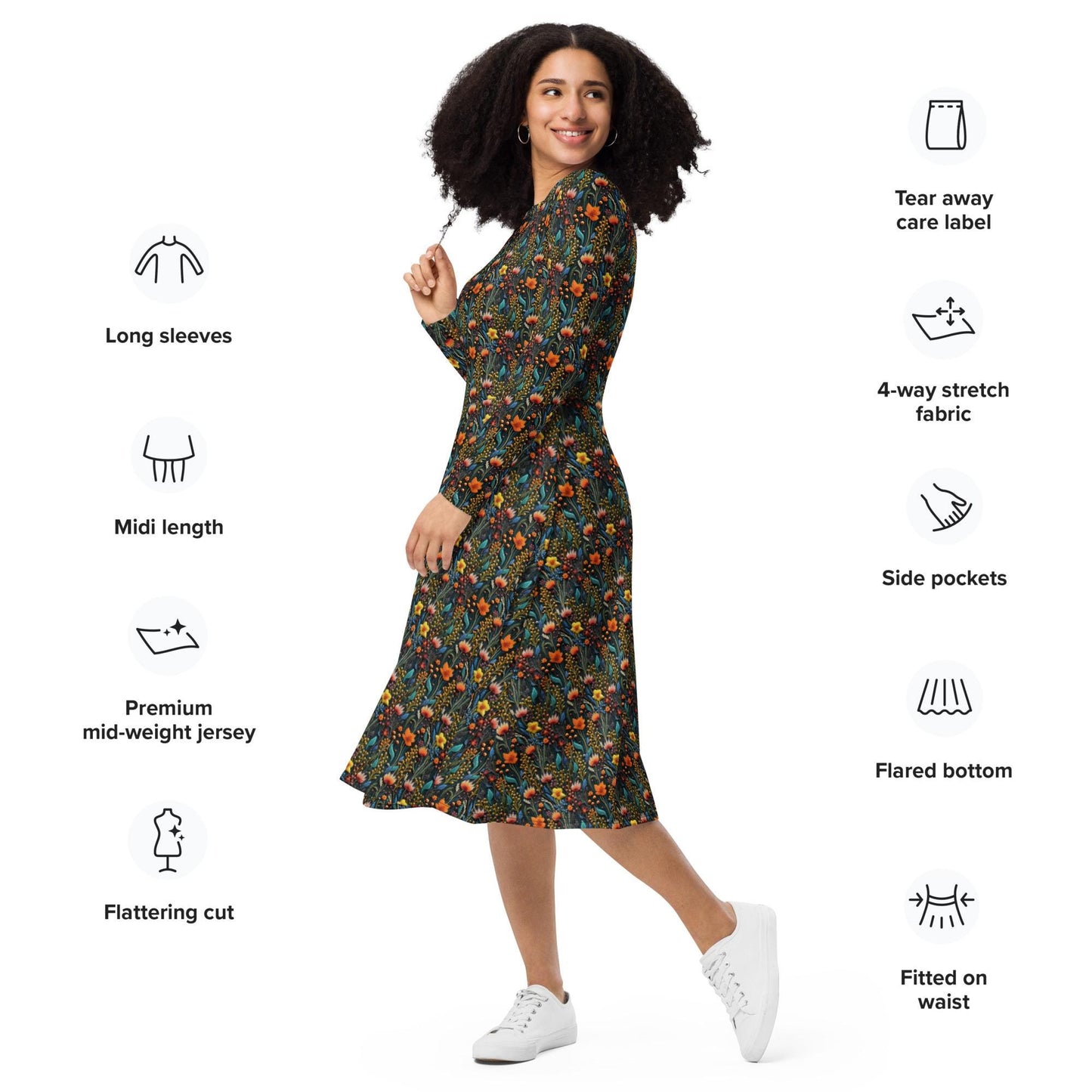 Bohemian Floral Crochet Long Sleeve Midi Dress | All-Over Print | Boho Chic Style