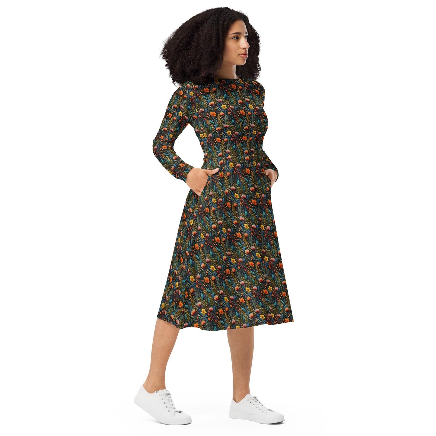 Bohemian Floral Crochet Long Sleeve Midi Dress | All-Over Print | Boho Chic Style