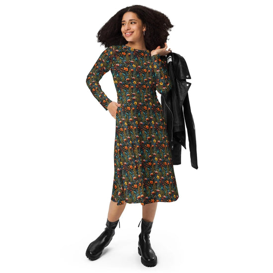 Bohemian Floral Crochet Long Sleeve Midi Dress | All-Over Print | Boho Chic Style The Aurora Touch