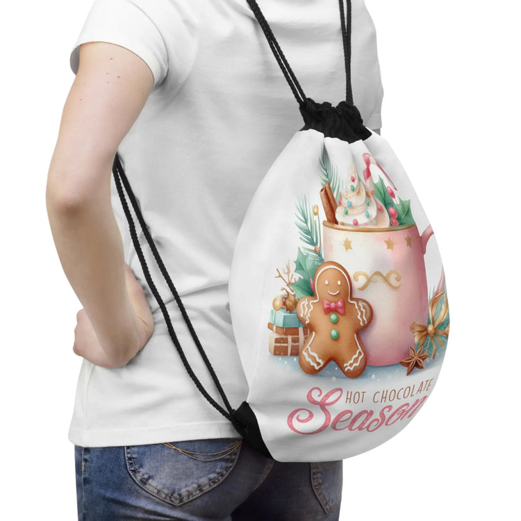 Hot Chocolate Season Drawstring Bag | Cozy Winter Accessory, Cute Holiday Gift, Seasonal Tote, Christmas Gift Idea, Gingerbread Design The Aurora Touch