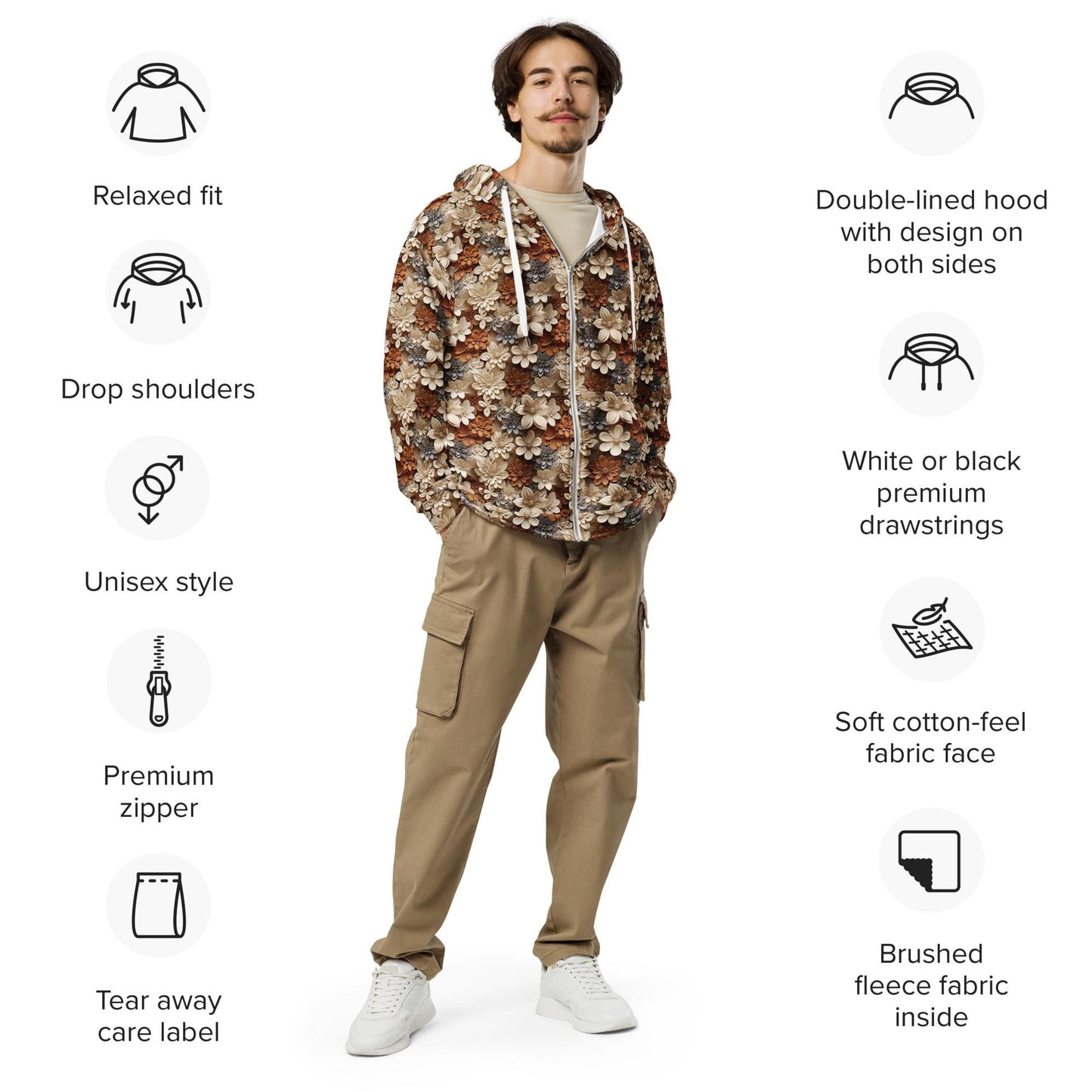 Men's All Over Print Zip Hoodie | Fall Theme Design | Relaxed Jacket for Cool Weather | Stylish and Comfortable