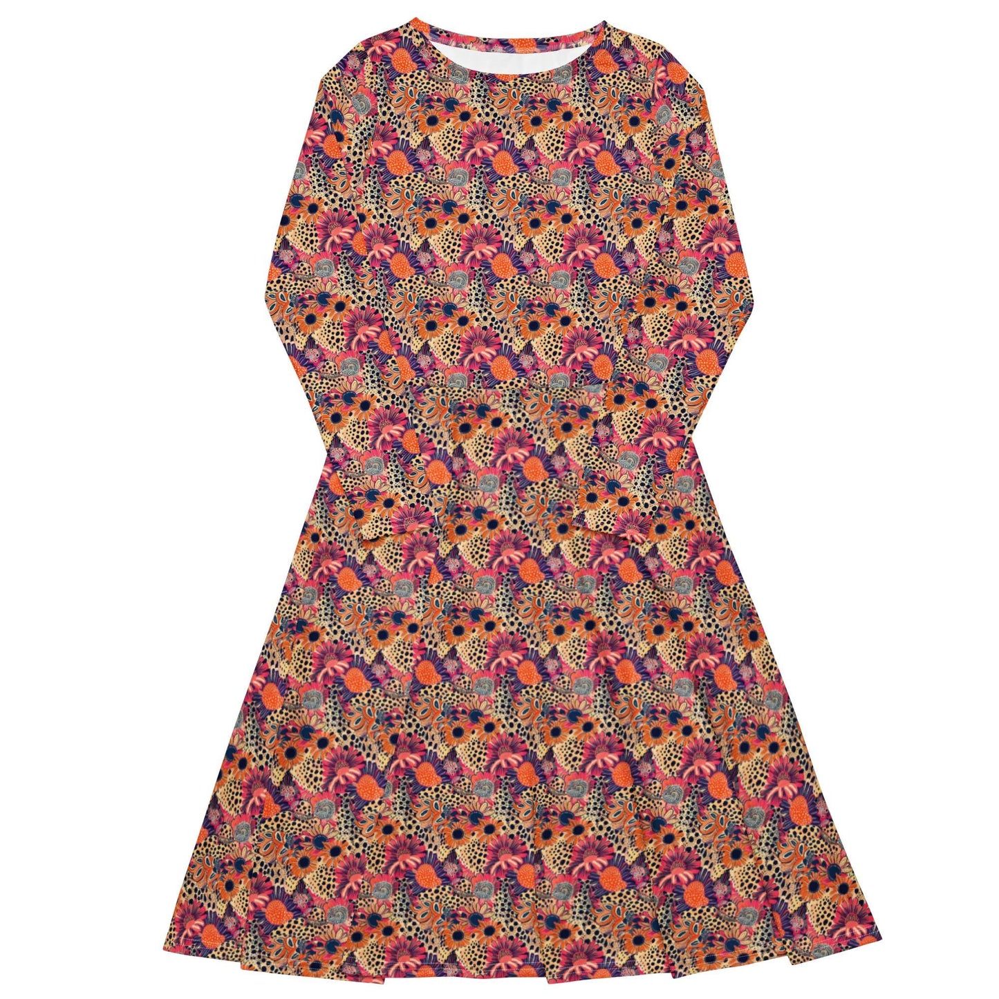 Vibrant Floral Fantasy: Women's All-Over Print Long Sleeve Midi Dress