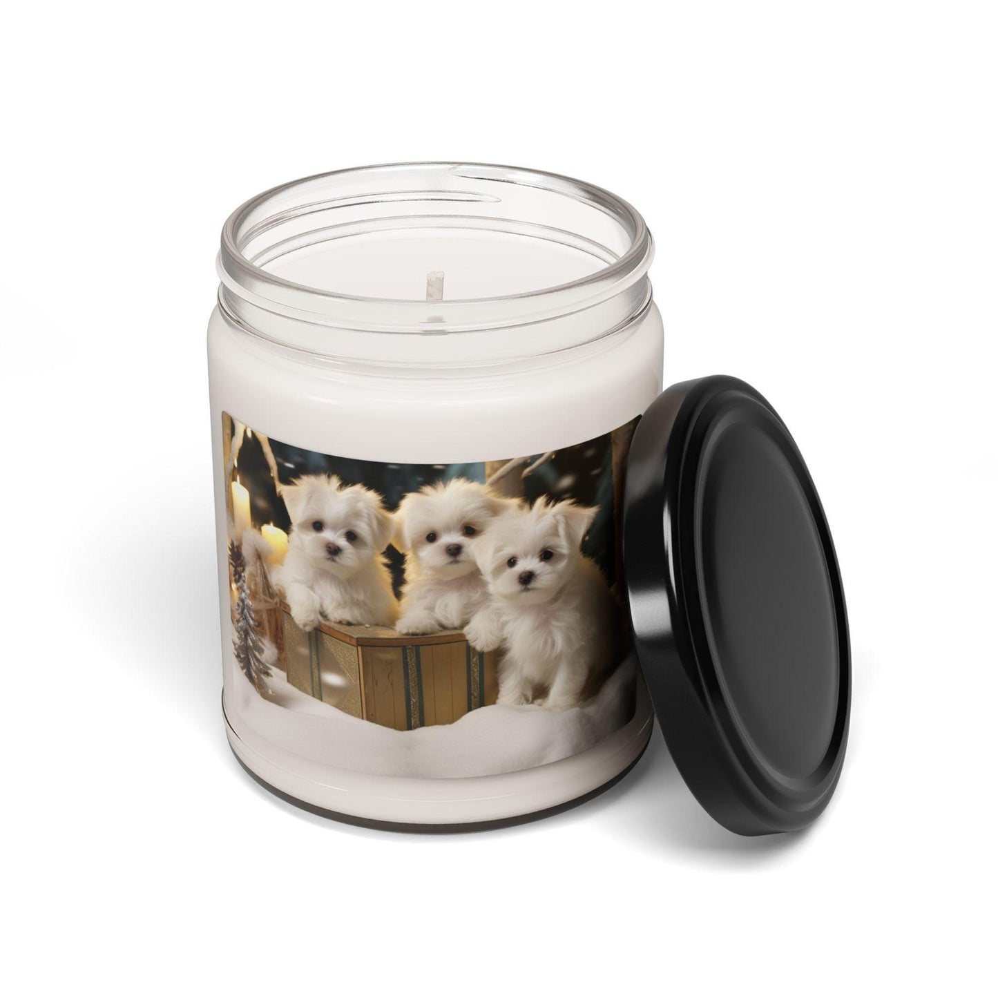 Soy Candle, Xmas Holiday Scented, 9oz, Maltese Puppy Xmas, Cinnamon Apple, Best Selling, Family Gift, Holiday Candles, Christmas Decor,