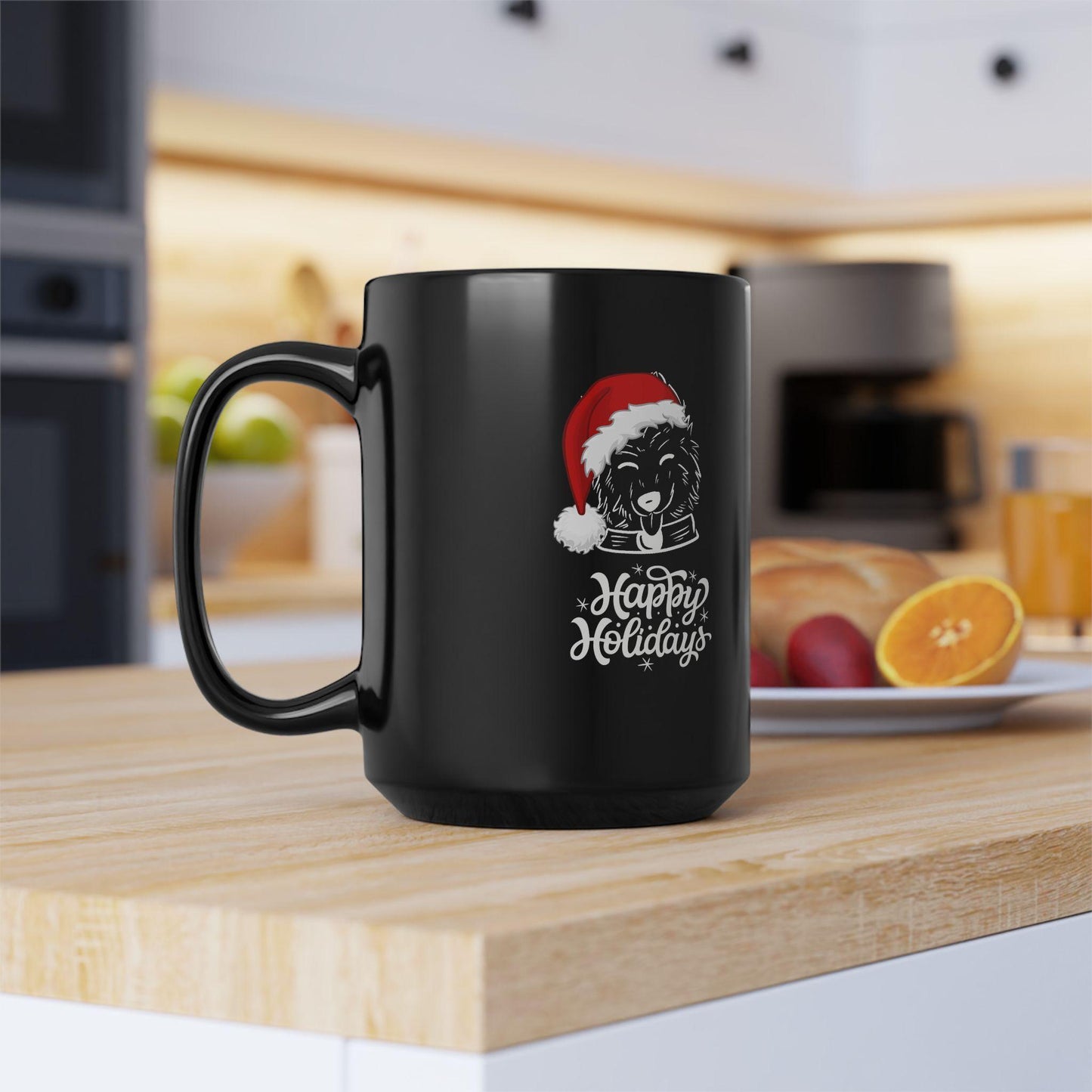 Dog Lover Mug, Happy Holiday Black Mug, 15oz, Doggy Santa Design Large Coffee Mug, Xmas Gift, Kitchen Mug, Party Gift, Holiday Mug,