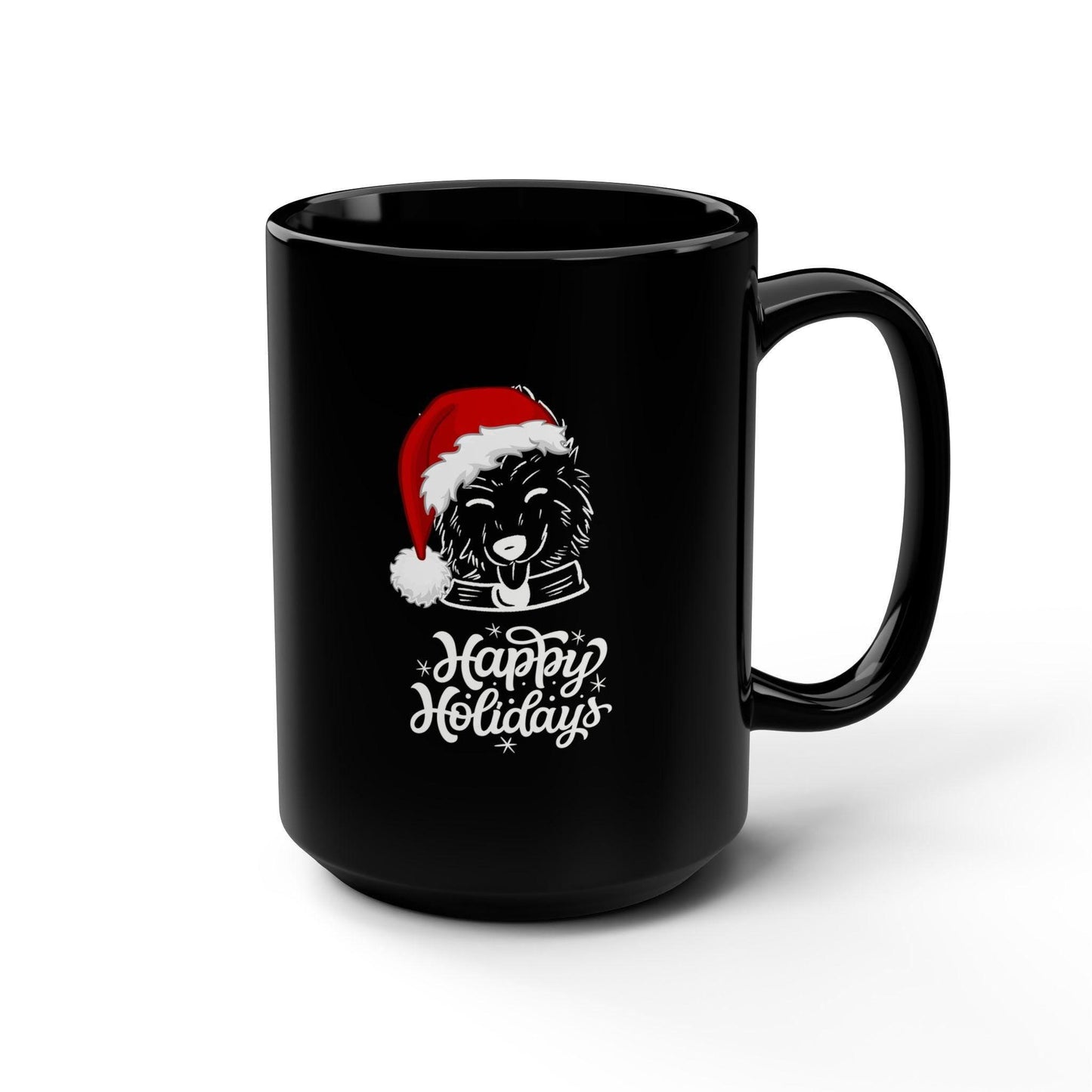 Dog Lover Mug, Happy Holiday Black Mug, 15oz, Doggy Santa Design Large Coffee Mug, Xmas Gift, Kitchen Mug, Party Gift, Holiday Mug,