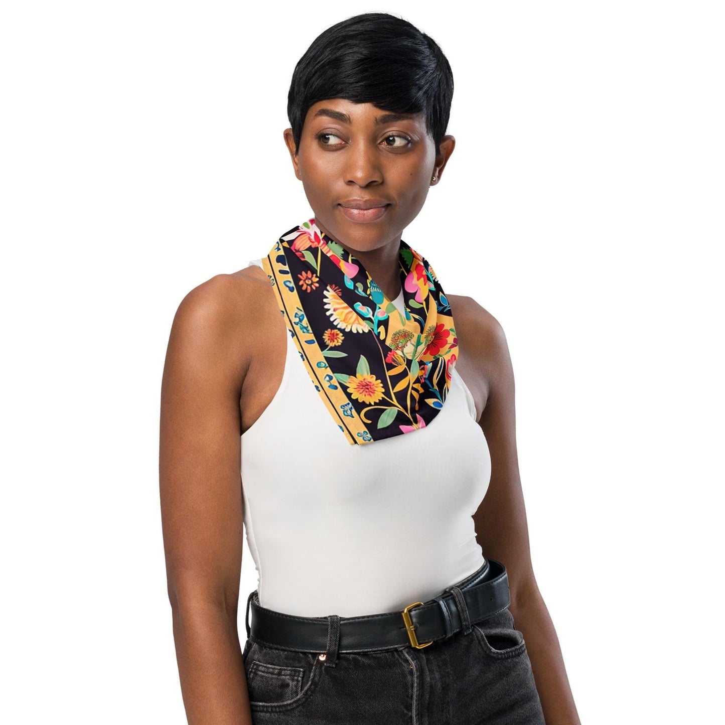 All-over print bandana, pretty crochet floral design print multifunction everyday school work home stylish minimilist kerchief wrap bandana