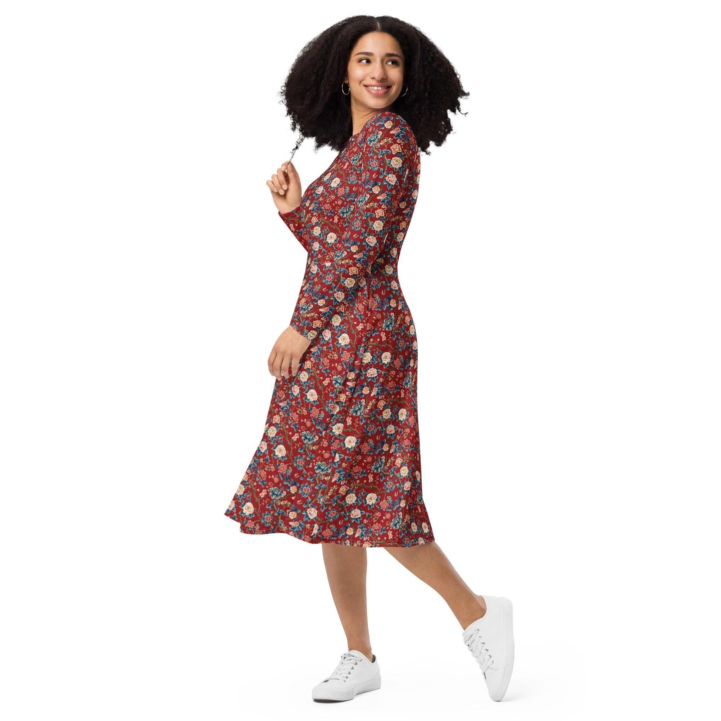 Chinoiserie All-Over Print Long Sleeve Midi Dress – Elegant Bohemian Chic Fashion