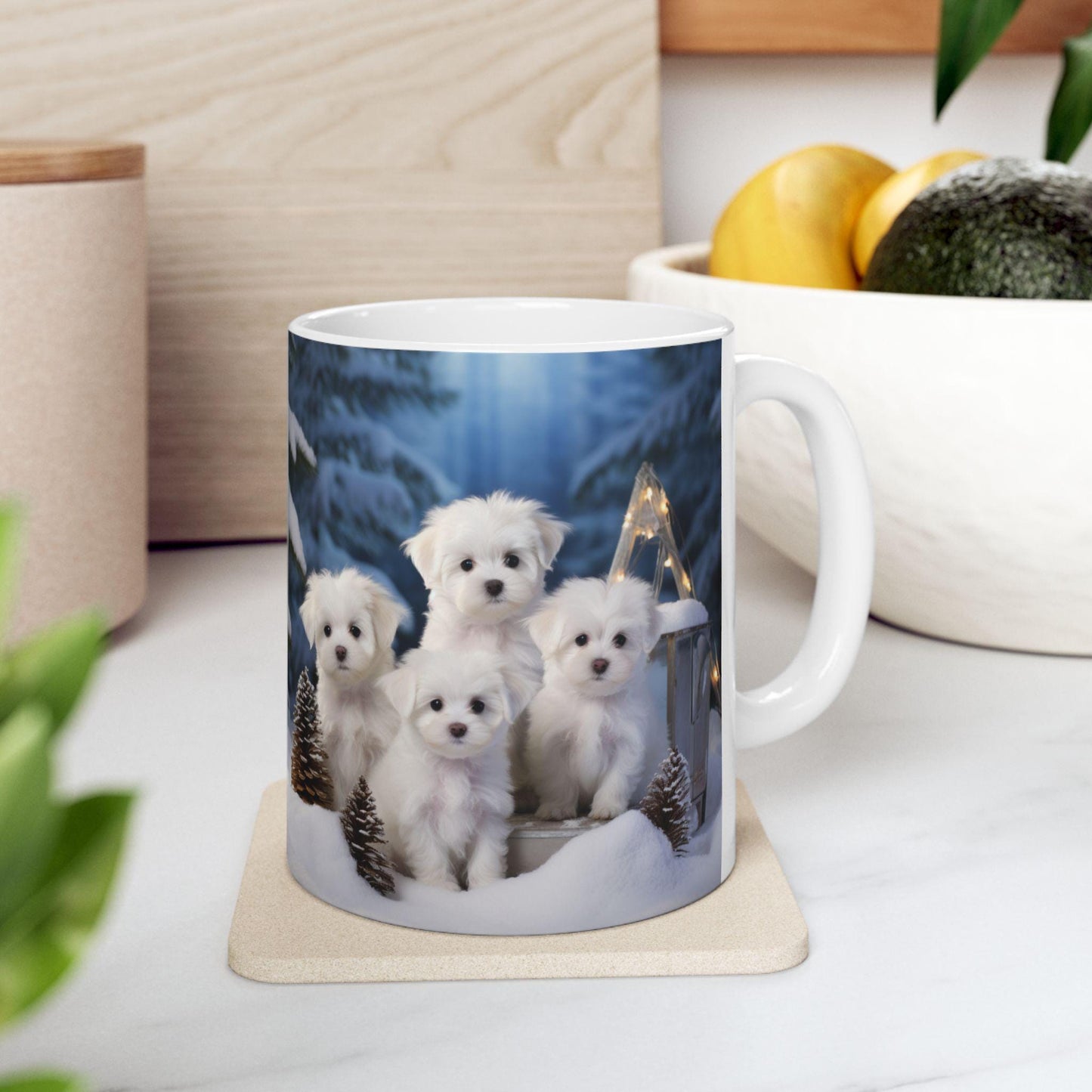 White Xmas Maltese Ceramic Mug 11oz, Holiday Gift, Puppy Love Coffee Cup, Kitchen Decor, Best Gift, Xmas Mug