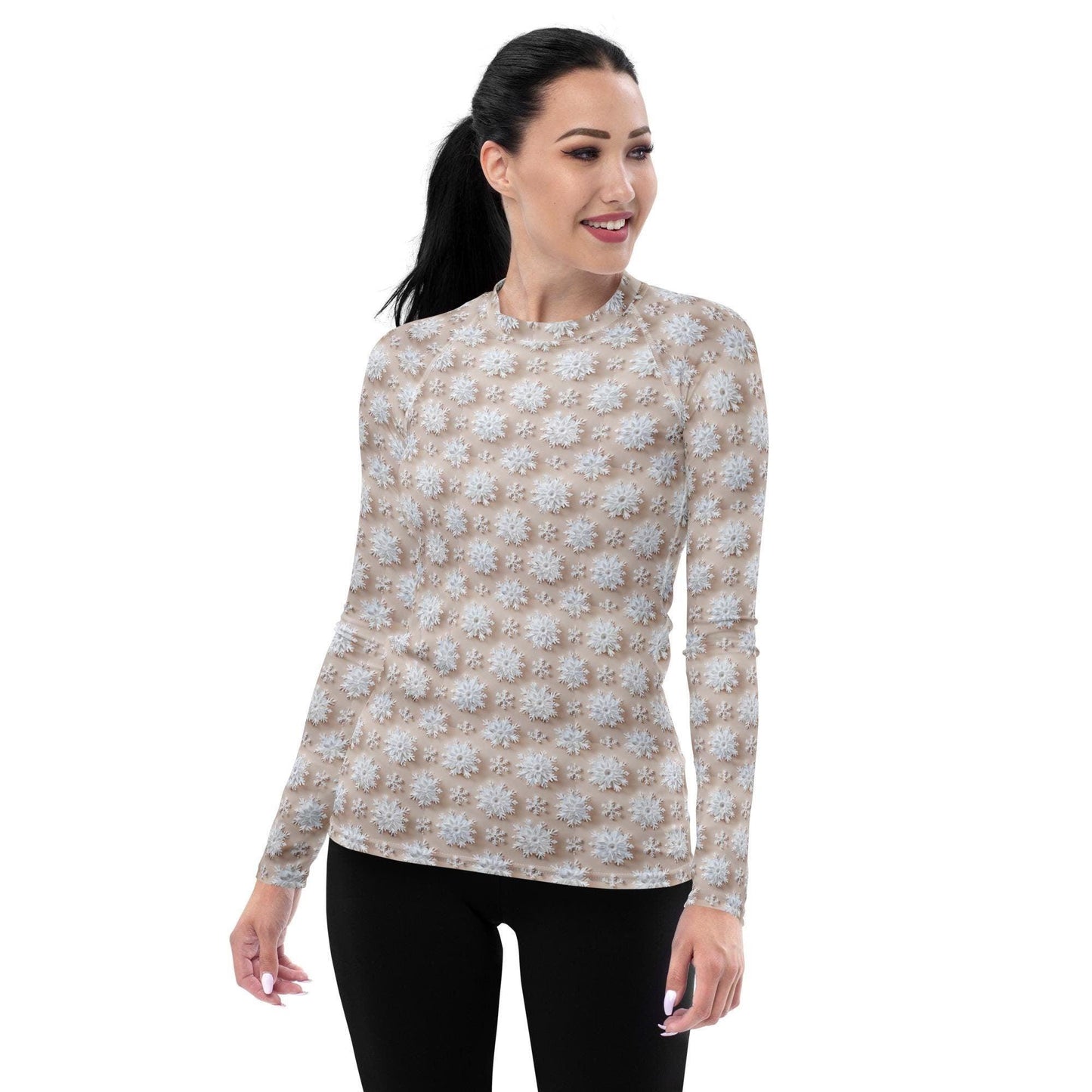 Winter Wonderland Snowflake Design Women’s Rash Guard – Long Sleeve UV Protection, Stylish Winter Swimwear, Xmas Holiday Beachwear