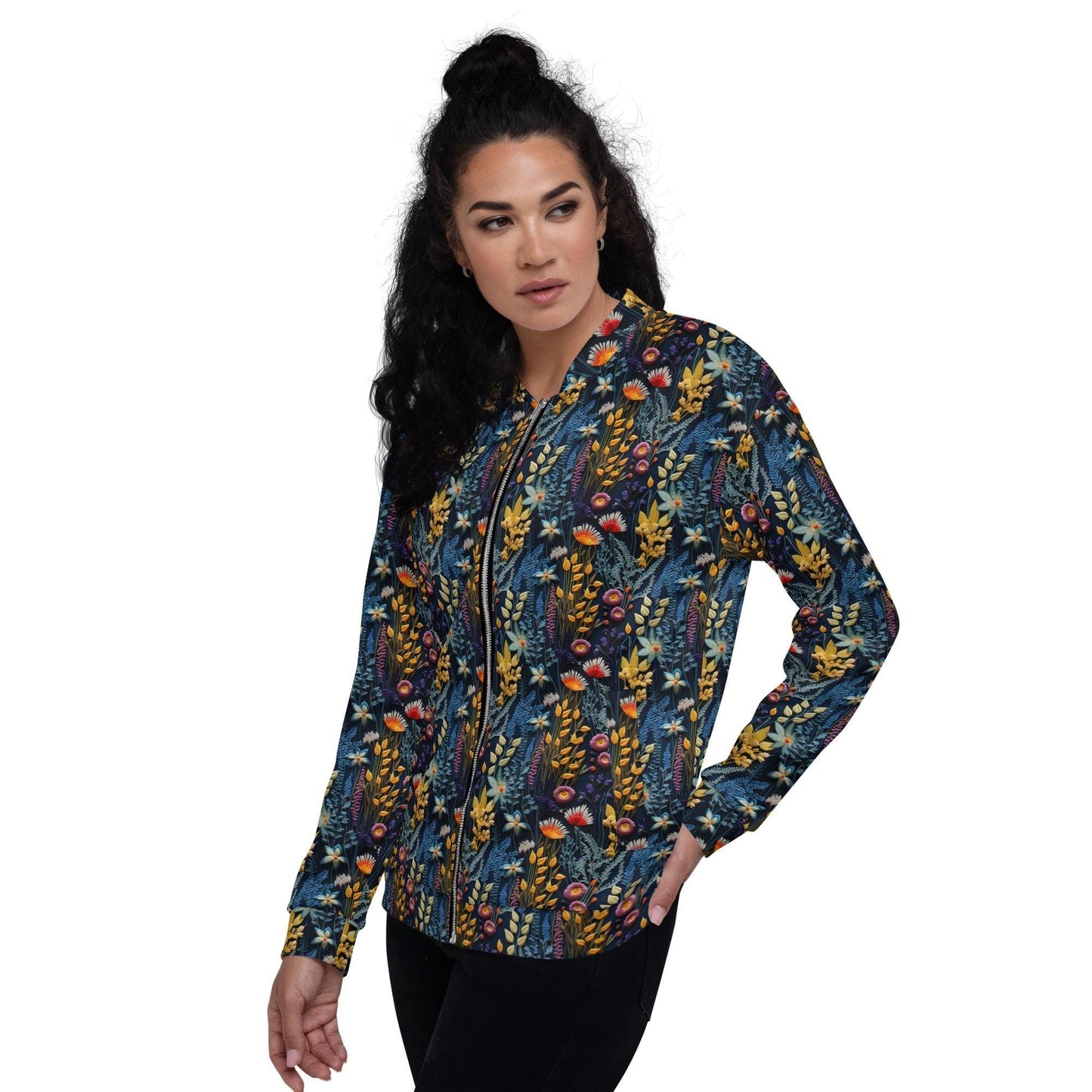 Women's Floral Pattern Stylish Bomber Jacket – All-Over Print 3D Threaded Design, Casual & Evening Wear, Trendy Floral Bomber, Perfect Gift