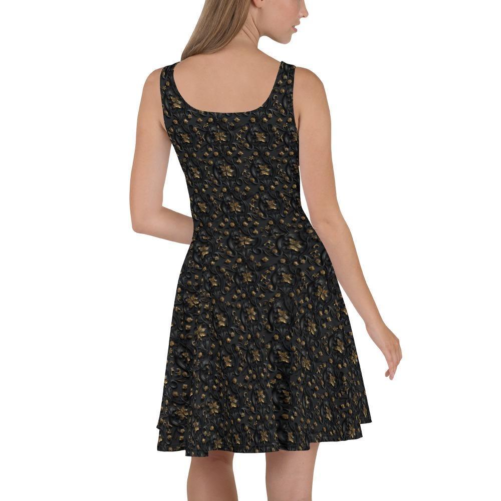 Sophisticated 3D Raised Black & Gold Luxury Skater Dress - Elegant Couture Evening Casual Wear for Special Occasions