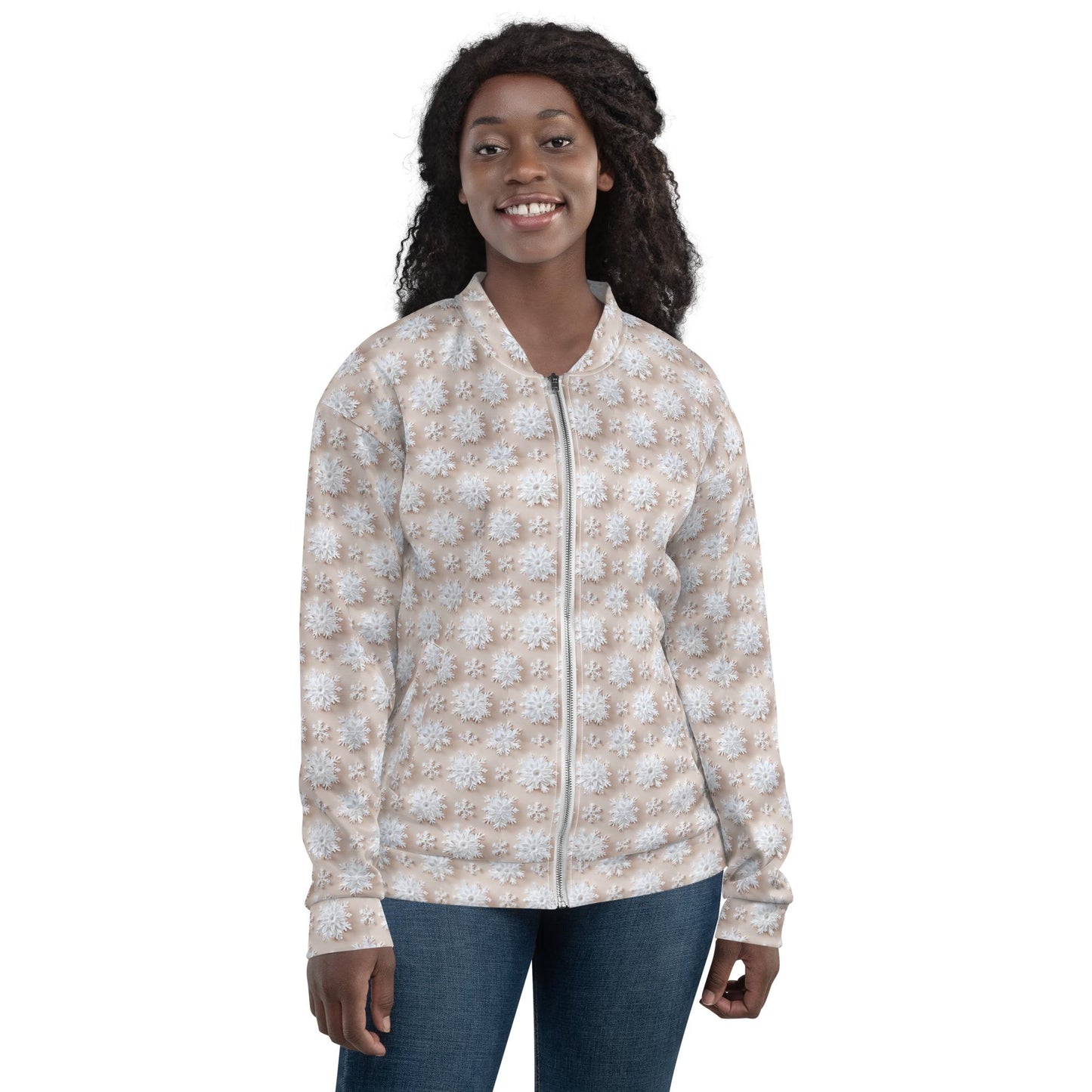 Luxury White Christmas Snowflake Designer Bomber Jacket - Festive Winter Fashion Statement for Women