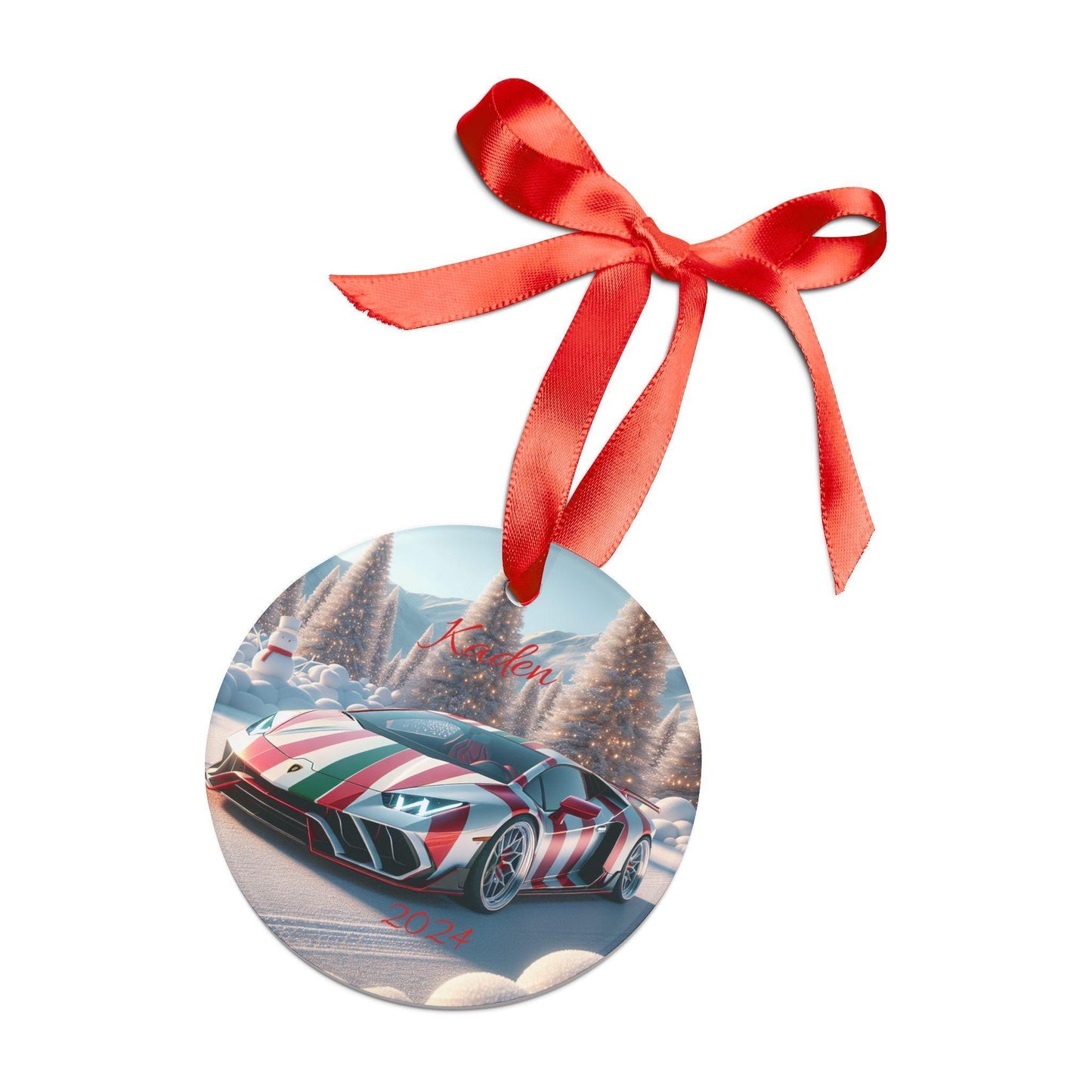 Personalized Acrylic Ornament with Candy Cane Car Design, Custom Holiday Lamborgini Decoration, Kids Gift, Christmas Keepsake, Home Decor
