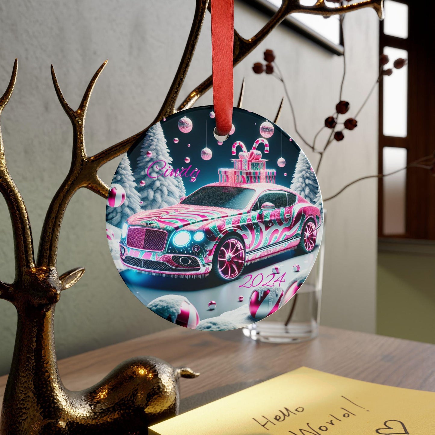 Colorful Holiday Car Acrylic Ornament with Ribbon, Christmas Decoration, Personalized Gift, Winter Theme, Unique Ornament for Tree
