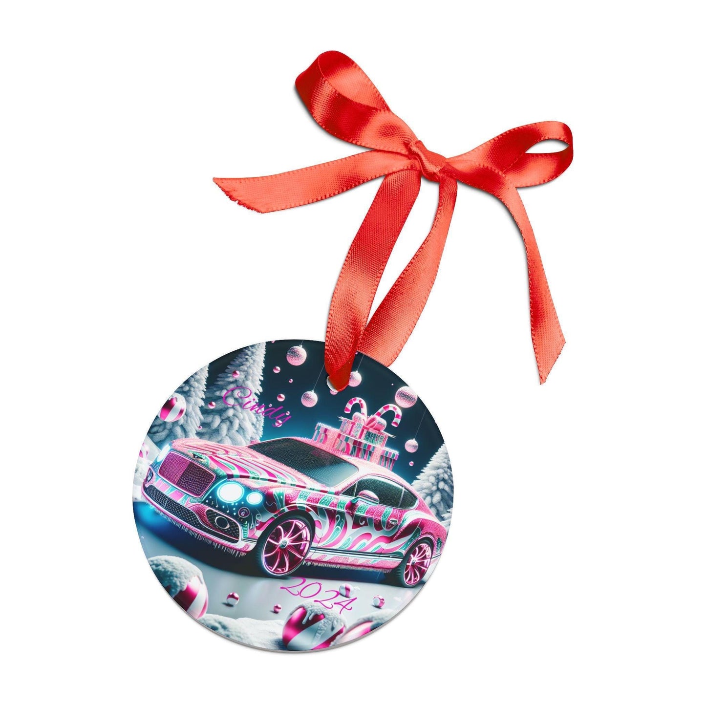 Colorful Holiday Car Acrylic Ornament with Ribbon, Christmas Decoration, Personalized Gift, Winter Theme, Unique Ornament for Tree