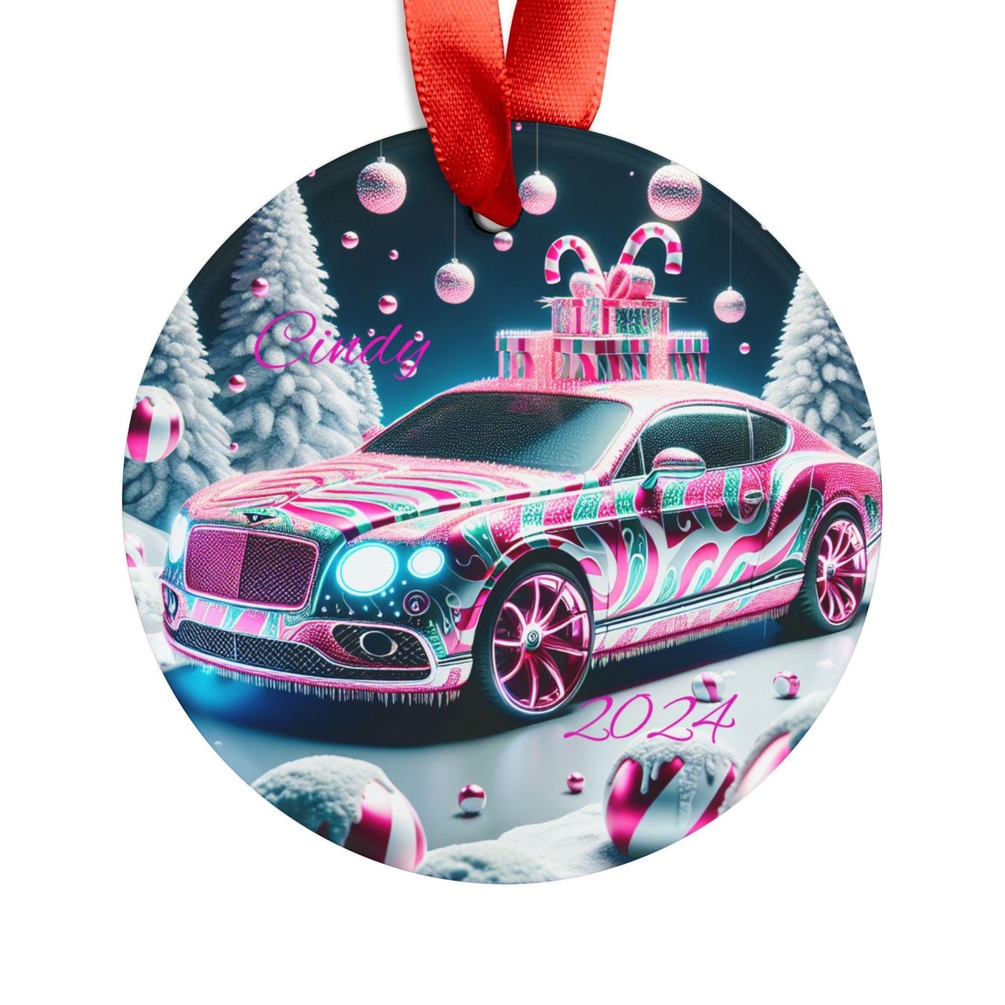 Colorful Holiday Car Acrylic Ornament with Ribbon, Christmas Decoration, Personalized Gift, Winter Theme, Unique Ornament for Tree