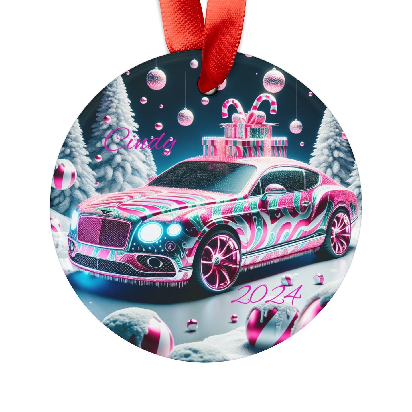 Colorful Holiday Car Acrylic Ornament with Ribbon, Christmas Decoration, Personalized Gift, Winter Theme, Unique Ornament for Tree