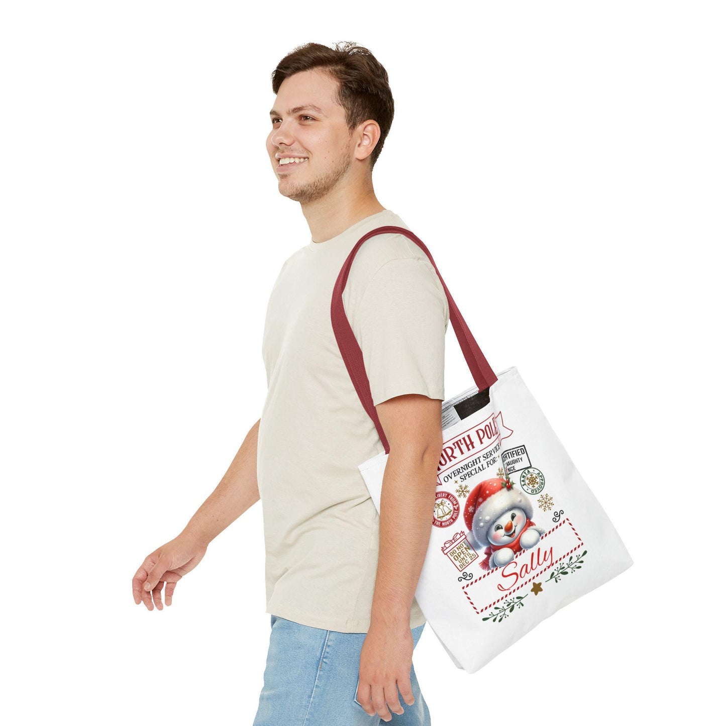 Personalized North Pole Tote Bag, Holiday Gift, Christmas Shopping Bag, Snowman Design, Festive Reusable Shopper