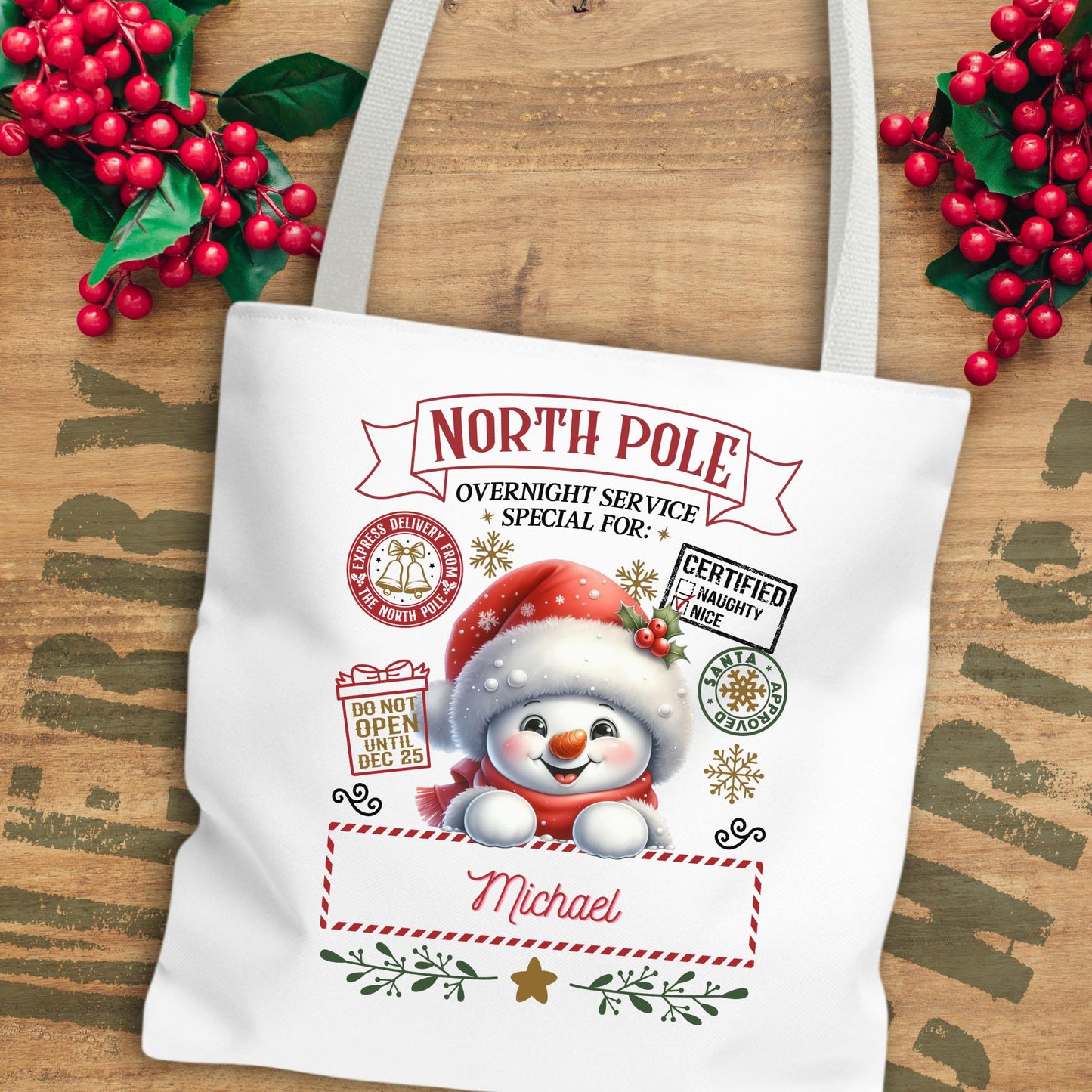 Personalized North Pole Tote Bag, Holiday Gift, Christmas Shopping Bag, Snowman Design, Festive Reusable Shopper