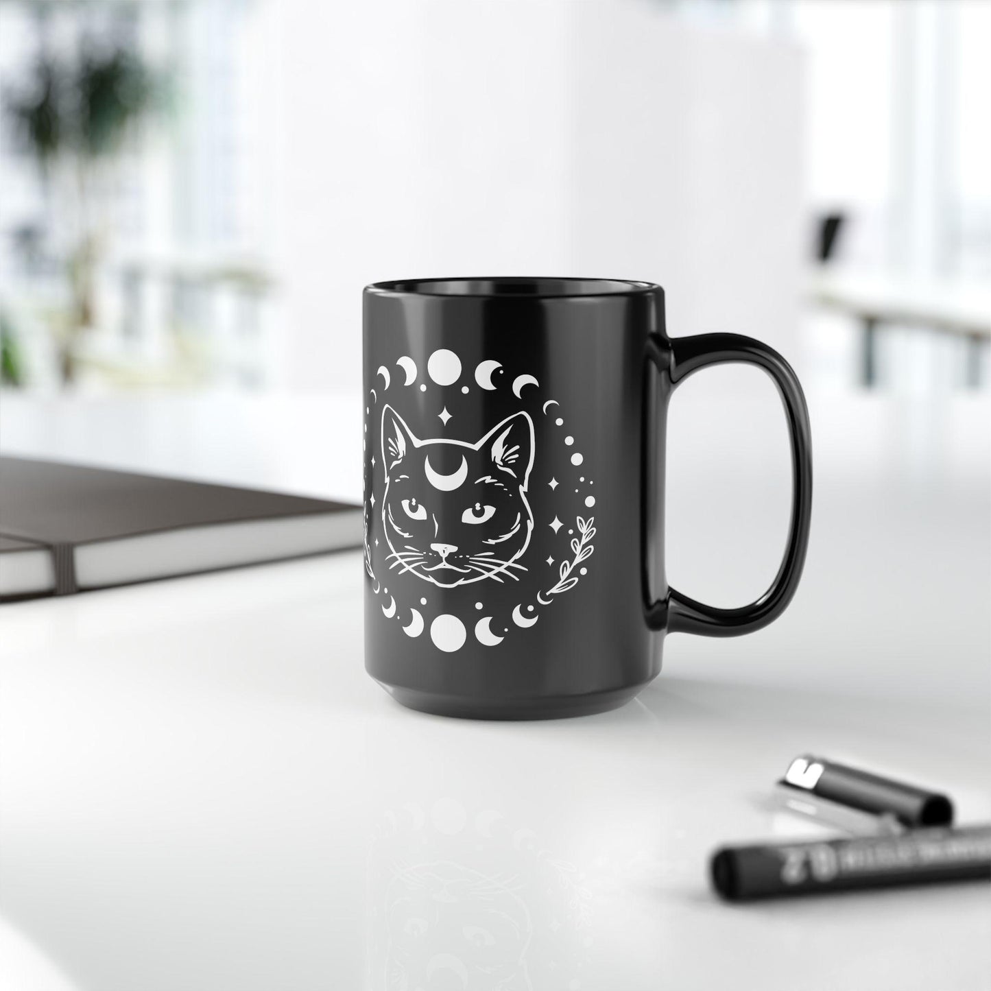 Black Mug (11oz, 15oz), Black Cat Moon Phase Mug, Astrology designed Coffee Mug , Multisize Moon tea cup, spellbound cat mug