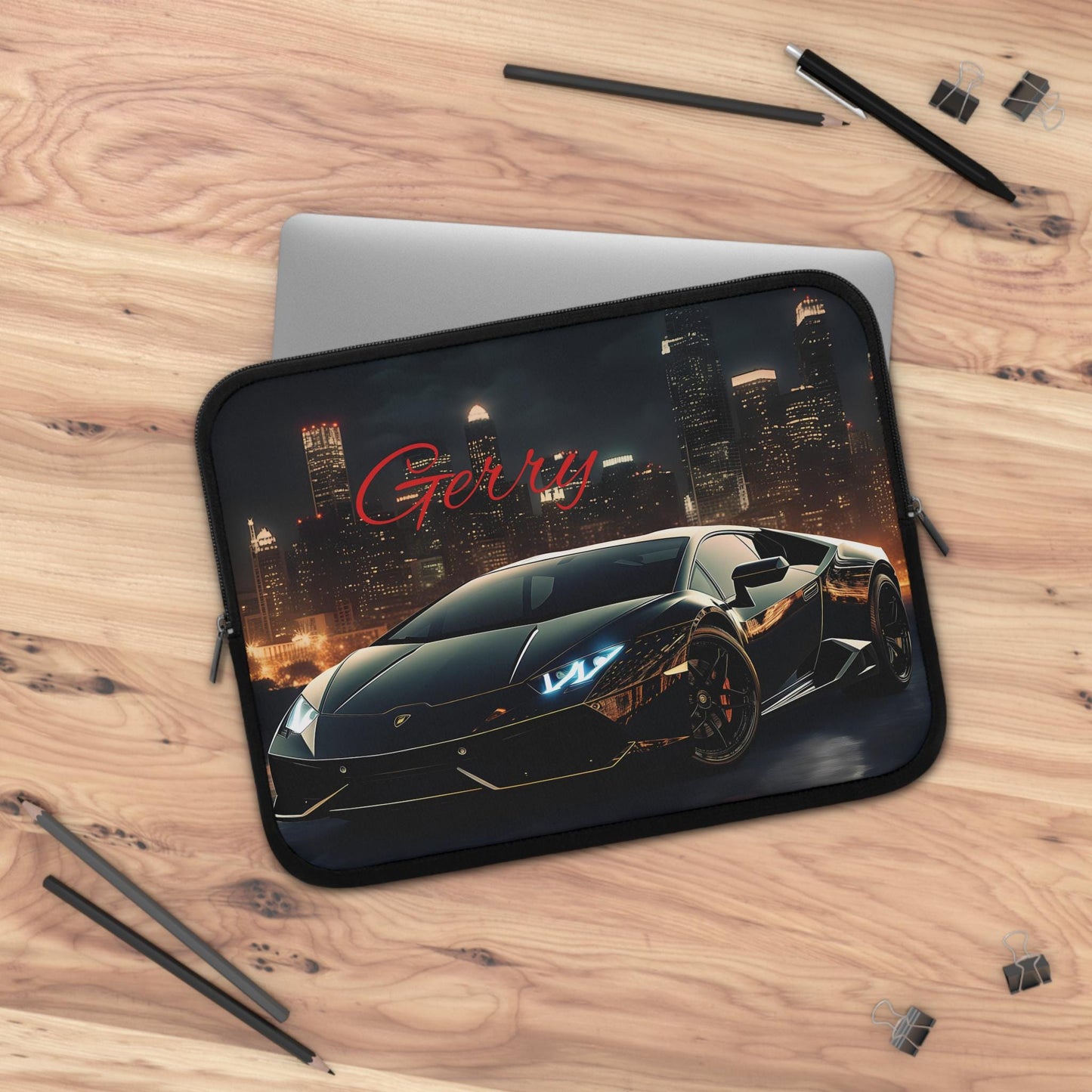 Personalized Car Lover Laptop Sleeve, Cool Tech Accessory, Perfect Gift for Him, Black Lamborghini, Car Enthusiast
