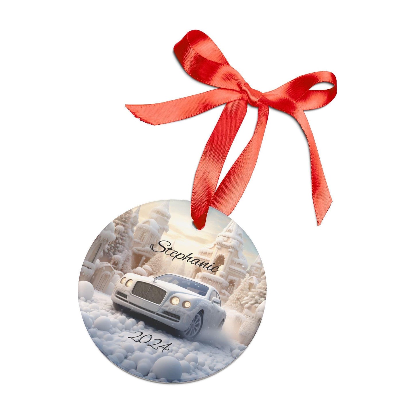 Personalized Winter Car Acrylic Ornament, Custom Holiday Decoration, Unique Christmas Gift, Winter Wonderland Decor, White Bentley