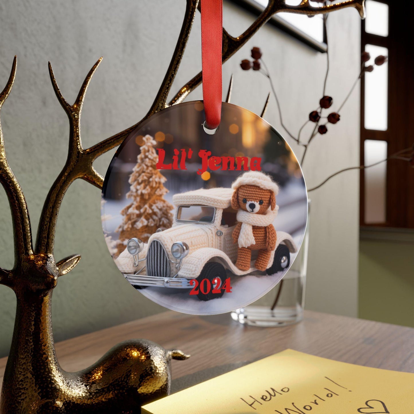 Personalized Acrylic Ornament | Cute Crotchet Bear Holiday Decoration, Christmas Gift, Keepsake, Custom Name Tag, Winter Decor