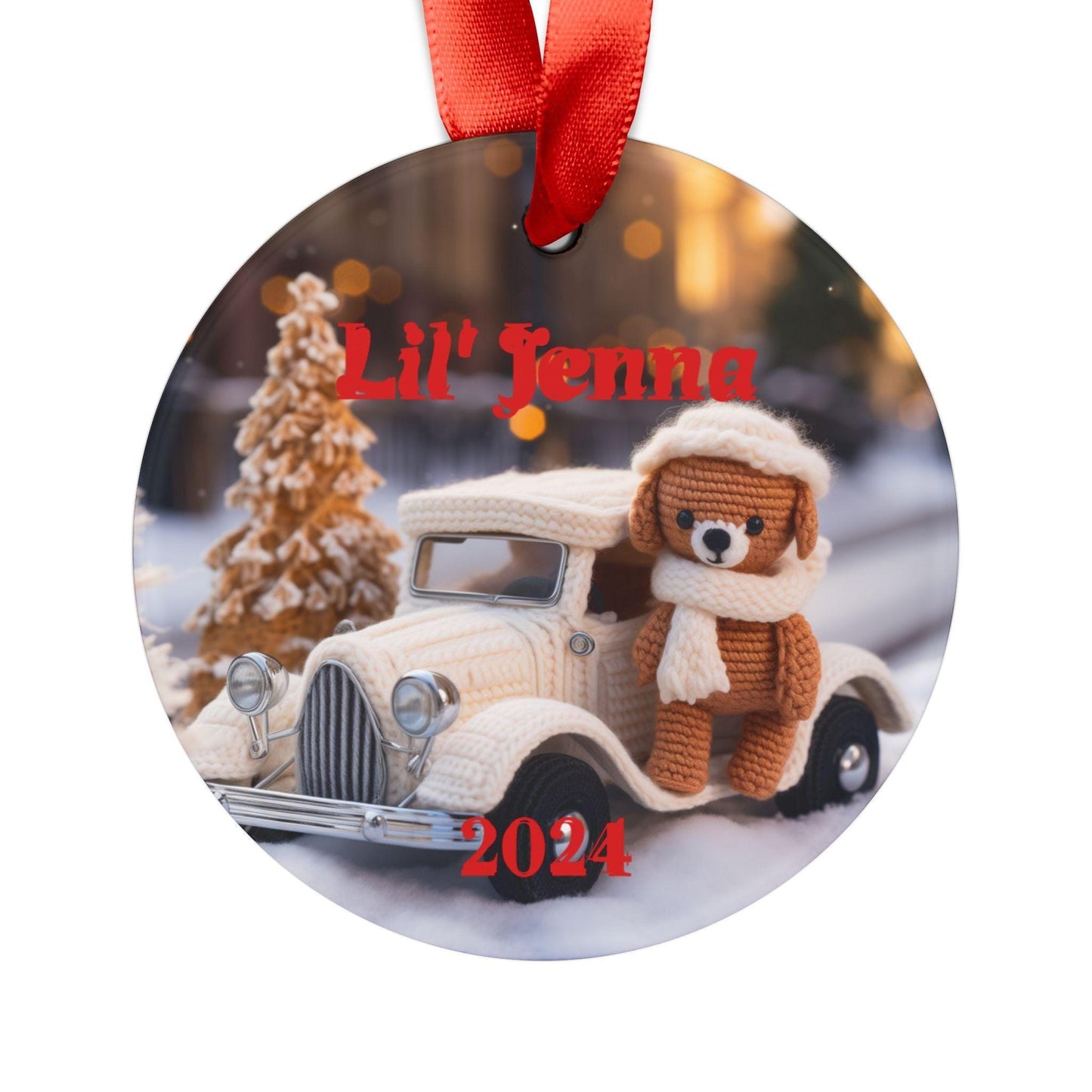 Personalized Acrylic Ornament | Cute Crotchet Bear Holiday Decoration, Christmas Gift, Keepsake, Custom Name Tag, Winter Decor