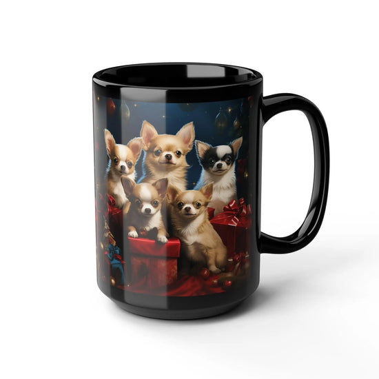Black Mug, 15oz, Puppy Mug, Holiday Mug, Xmas tree, Puppy Art, Coffee Mug, Pet Lover Mug, Xmas Novelty Mug, Best Gift, Office Mug The Aurora Touch
