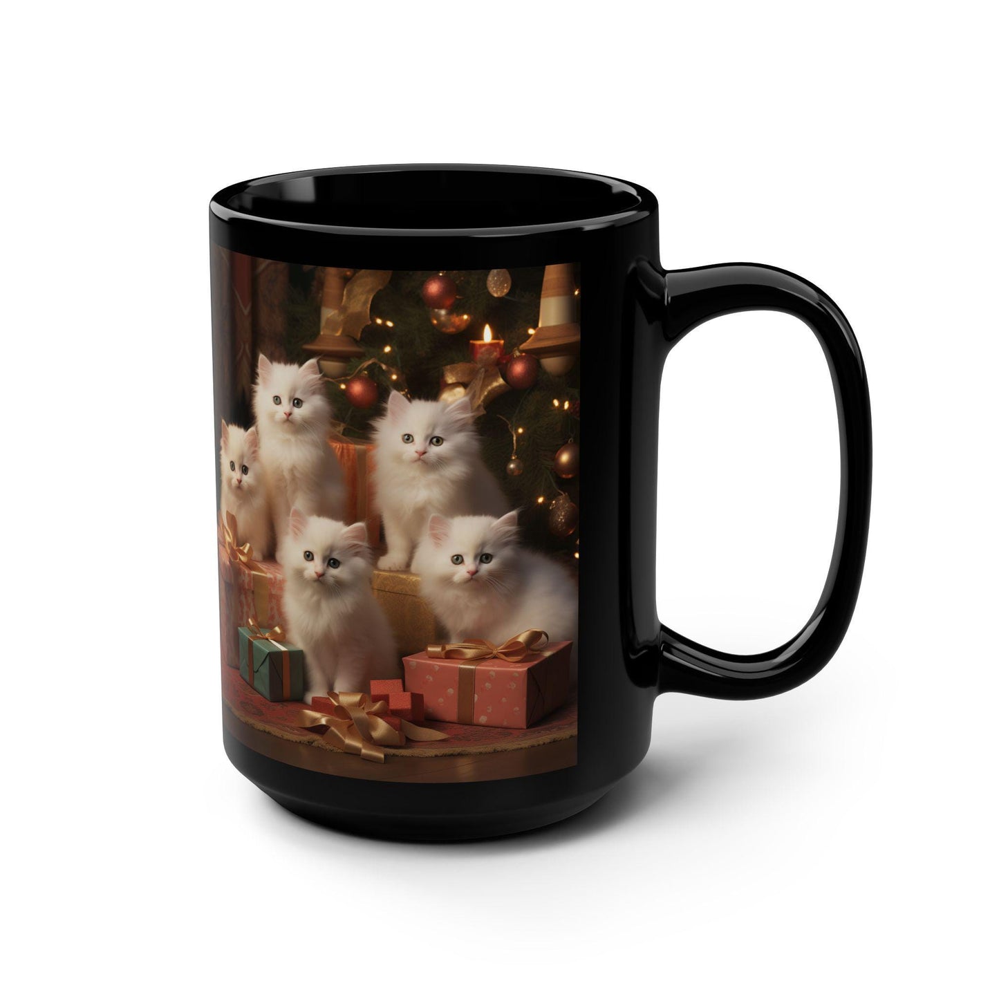 Black Mug, 15oz, Christmas kittens, Kitty Design, Coffee Mug, Tea Cup, Kitchen Decor, Gift for Grandma, Xmas Gift, Stocking Stuffer