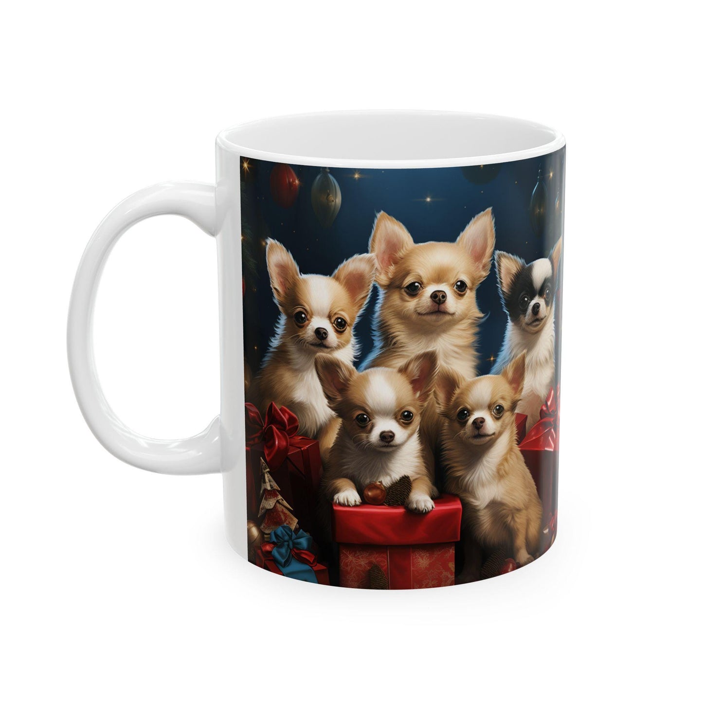 Ceramic Mug 11oz, Puppy Xmas, Holiday Mug, Designer Mug, Chihuahua Dog, Holiday Coffee Mug, Nurse Xmas gift, Neighbor gift