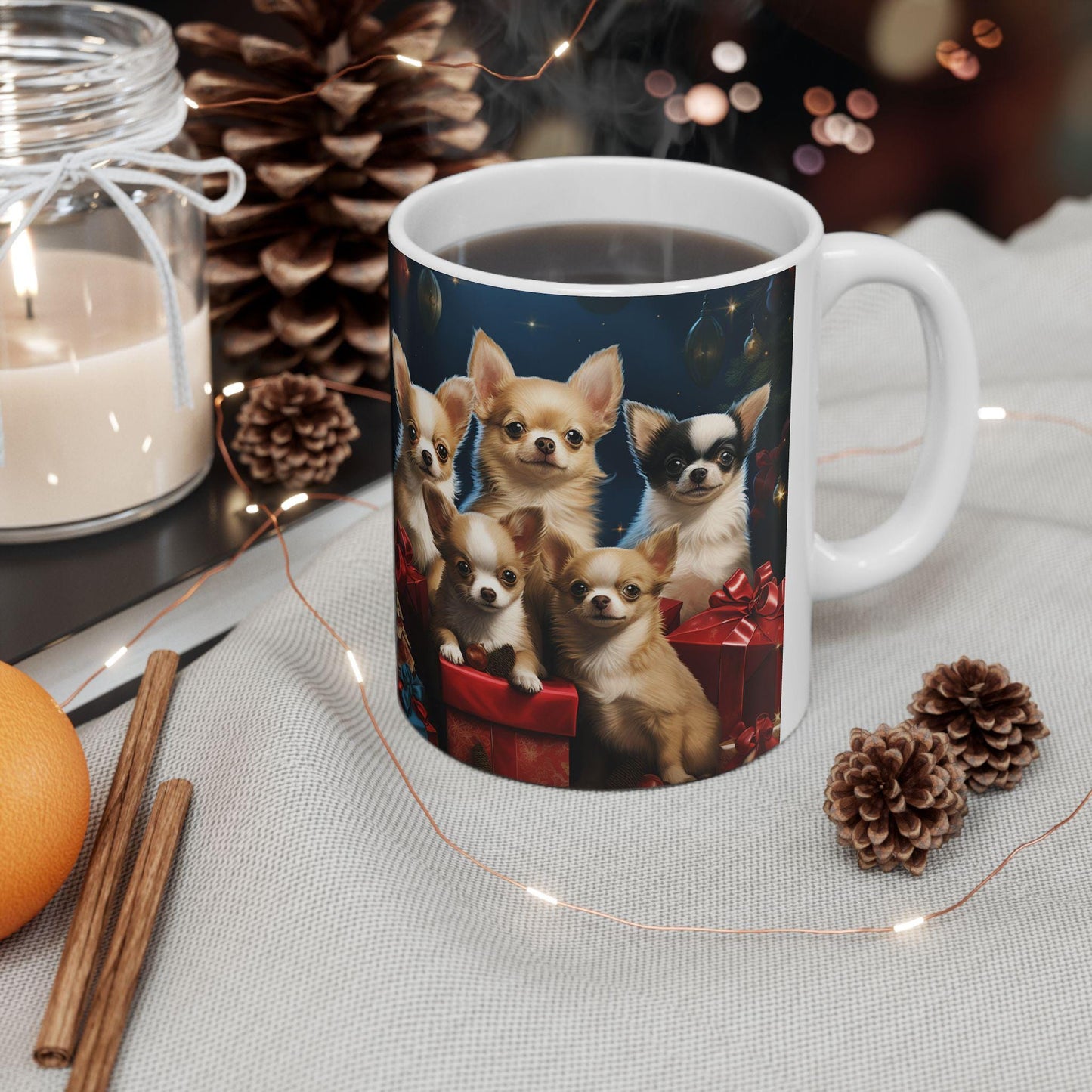 Ceramic Mug 11oz, Puppy Xmas, Holiday Mug, Designer Mug, Chihuahua Dog, Holiday Coffee Mug, Nurse Xmas gift, Neighbor gift