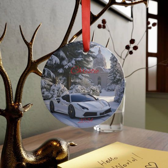 Personalized Acrylic Ornament with Ribbon, Custom Car Decoration, Holiday Keepsake, Unique Gift for Car Lovers, 2024 Memories, White Ferrari The Aurora Touch