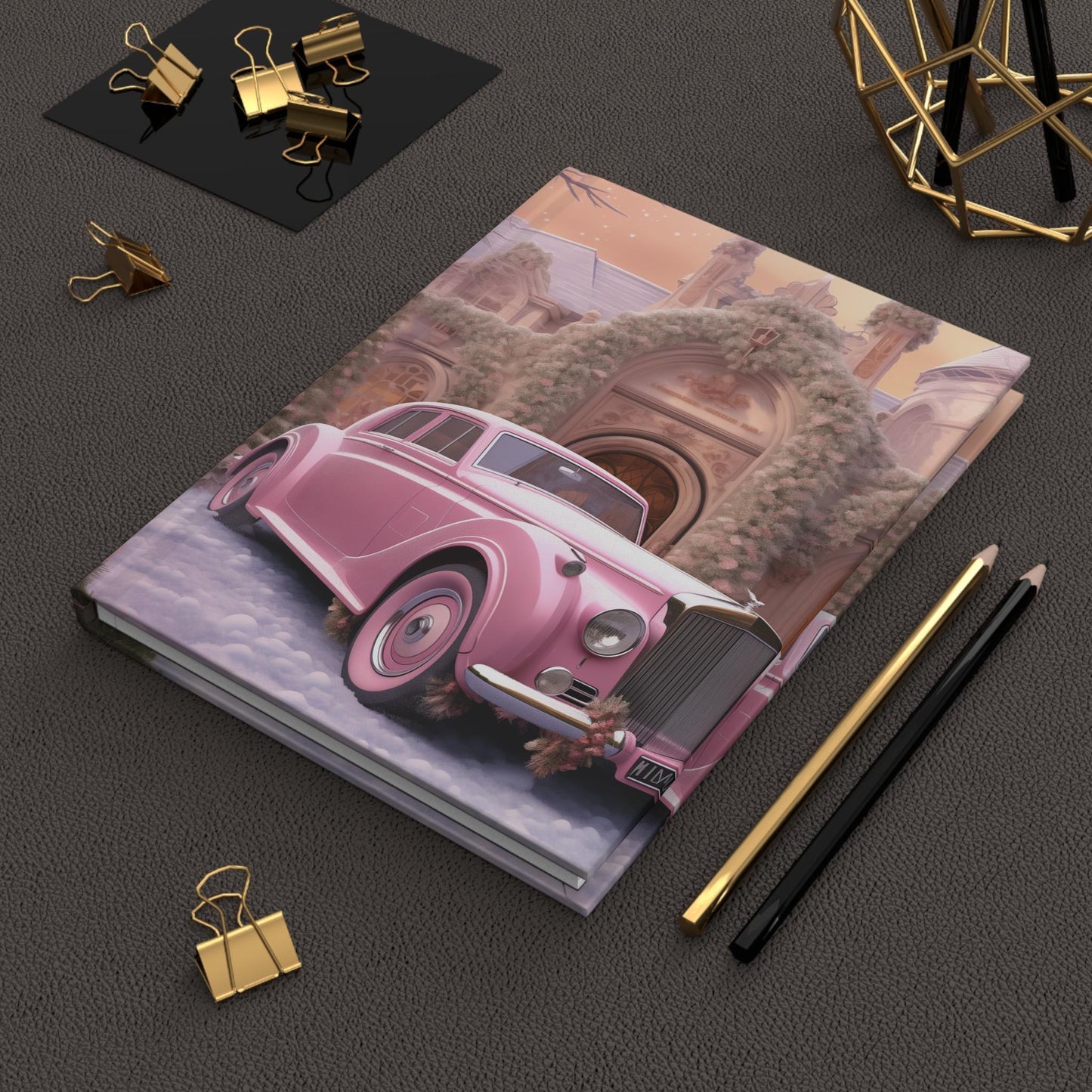 Pink Vintage Christmas Hardcover Journal Matte - Fancy Notebook, Office Business Planner, Daily Diary, Pink Rolls Royce Stationery