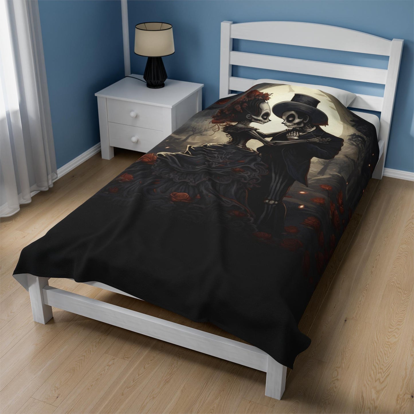 Velveteen Blanket - Day of the Dead Skeleton Couple Halloween Novelty Soft Black Blanket, Dia de los Muertos Decor, Halloween Bed Throw,