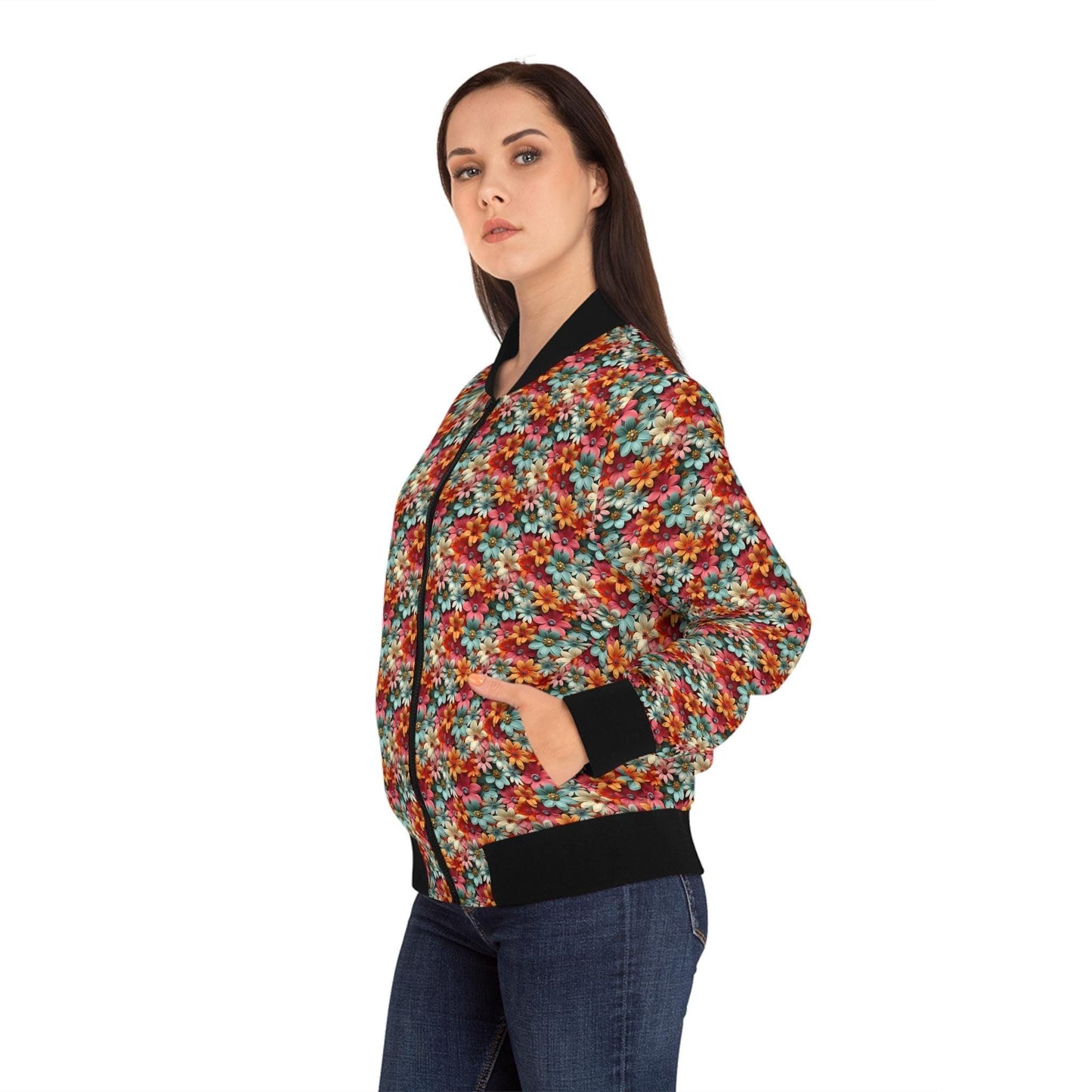 Floral Koi Women's Bomber Jacket, Bohemian Fashion, Spring Style, Casual Outerwear, Unique Gift for Her, Trendy Jacket