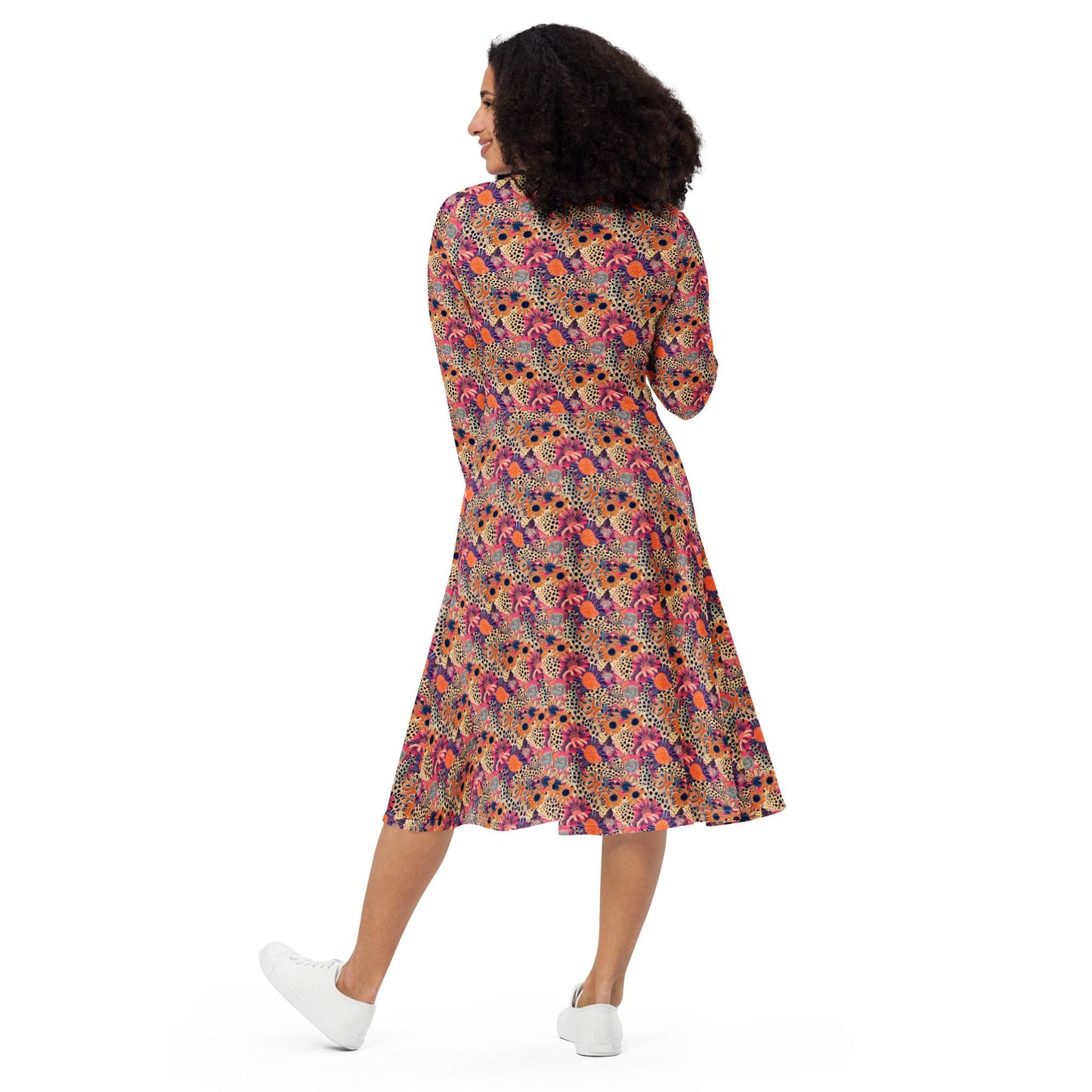 Vibrant Floral Fantasy: Women's All-Over Print Long Sleeve Midi Dress