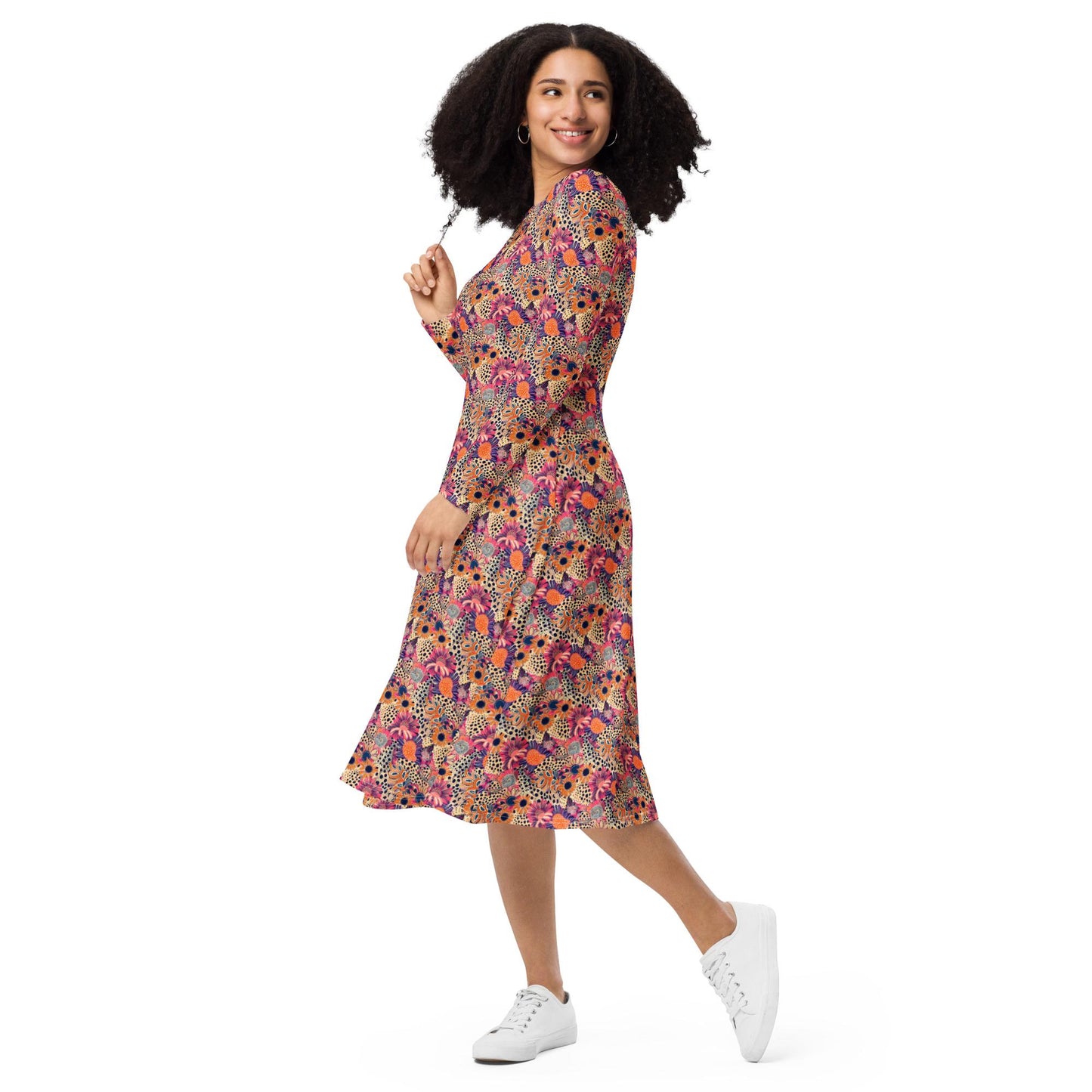 Vibrant Floral Fantasy: Women's All-Over Print Long Sleeve Midi Dress