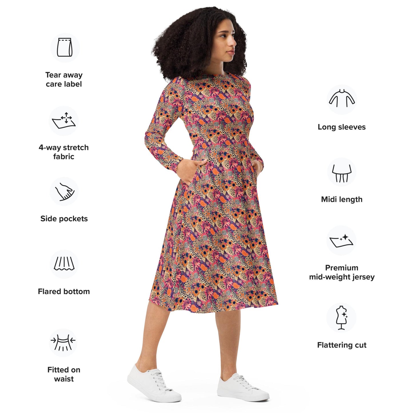 Vibrant Floral Fantasy: Women's All-Over Print Long Sleeve Midi Dress